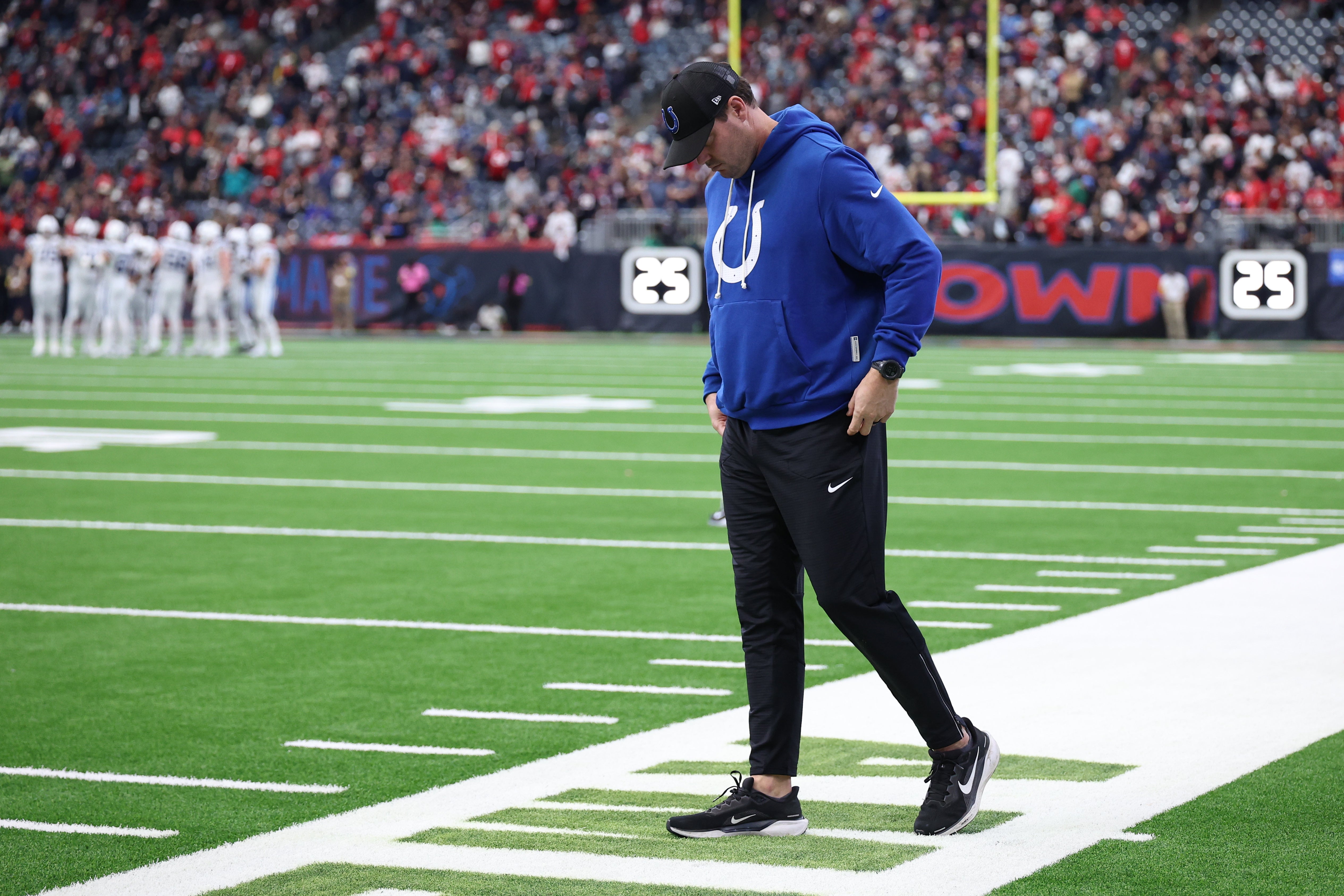 Jan 4, 2026; Houston, Texas, USA; Indianapolis Colts quarterback Philip Rivers (17) stands on the sidelines during the second half against the Houston Texans at NRG Stadium.