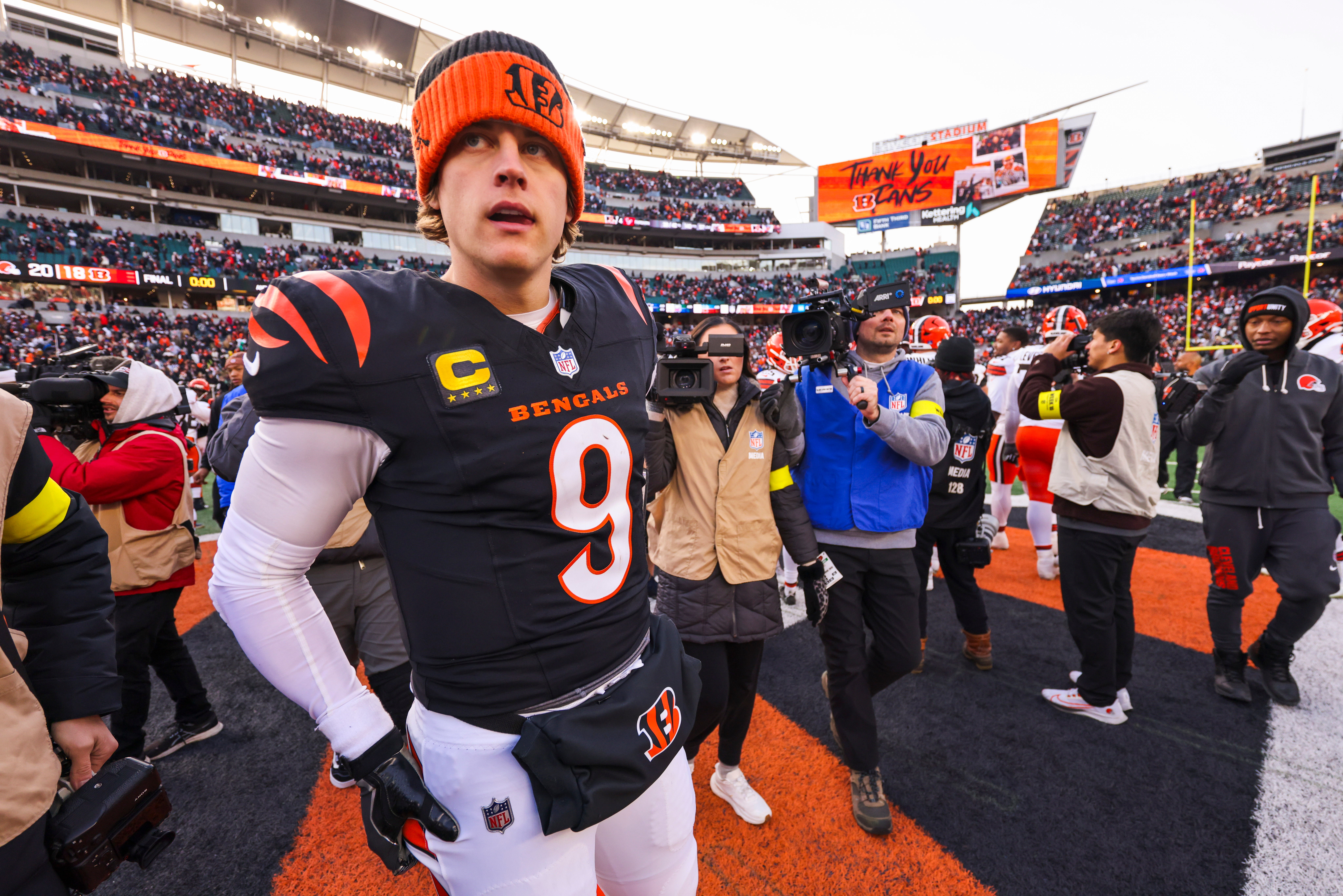 Jan 4, 2026; Cincinnati, Ohio, USA; Cincinnati Bengals quarterback Joe Burrow (9) walks to the locker room following a loss against the Cleveland Browns at Paycor Stadium.