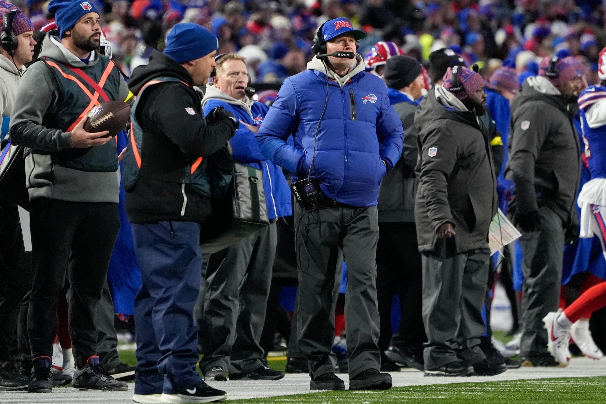 Jan 4, 2026; Orchard Park, New York, USA; Buffalo Bills head coach Sean McDermott looks on during the first half against the New York Jets at Highmark Stadium.