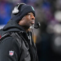 Jan 4, 2026; Orchard Park, New York, USA; New York Jets head coach Aaron Glenn looks on during the second half against the Buffalo Bills at Highmark Stadium.