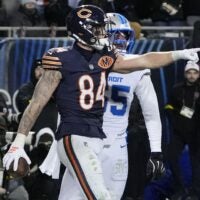 Jan 4, 2026; Chicago, Illinois, USA; Chicago Bears tight end Colston Loveland (84) reacts after making a catch for a touchdown against the Detroit Lions during the second half at Soldier Field.