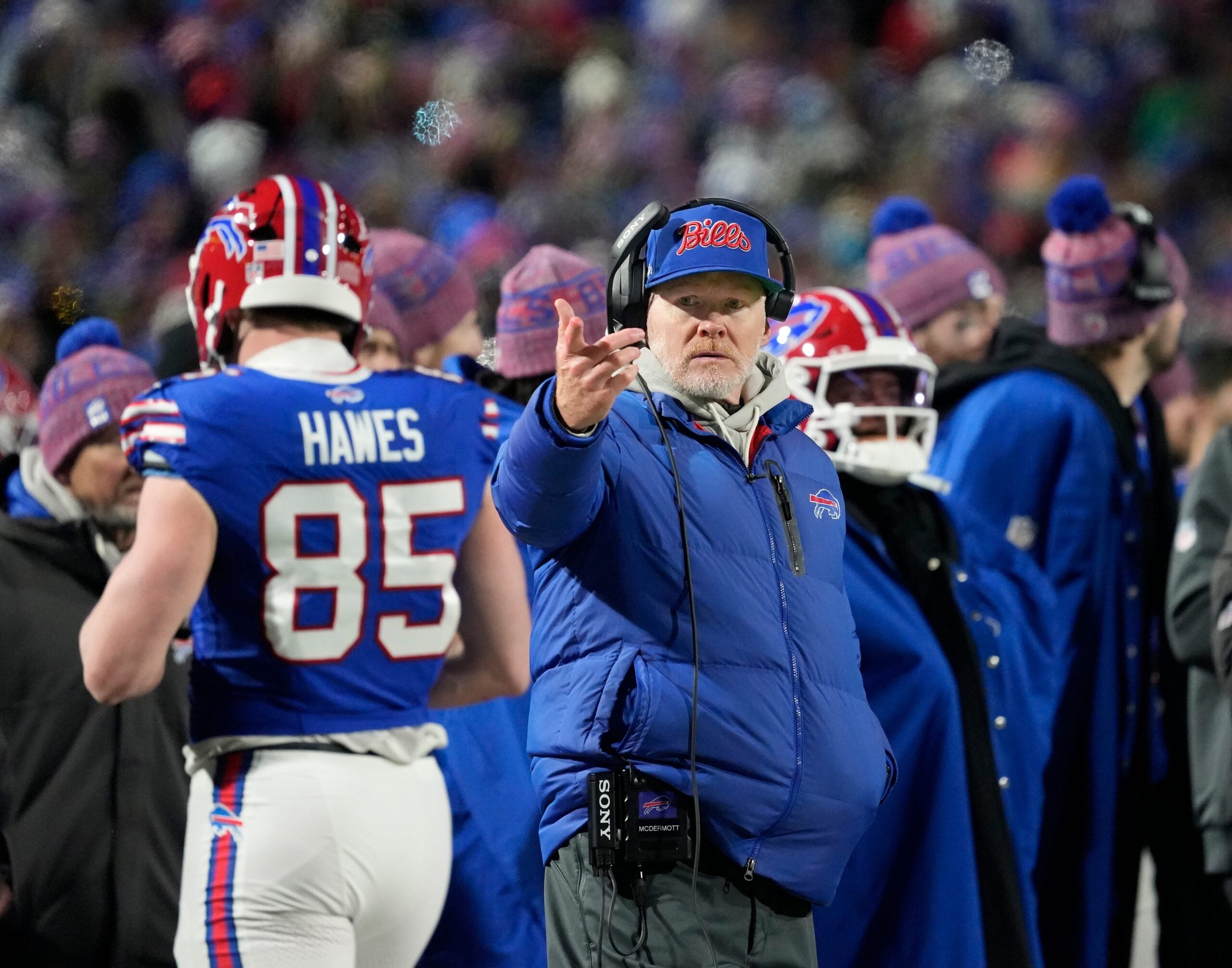 Bills head coach Sean McDermott signals to go for it on fourth and short during the second half of their game at Highmark Stadium in Orchard Park Sunday, Jan. 4, 2026.