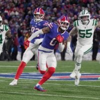 Buffalo Bills wide receiver Keon Coleman gets about seven extra yards on the play after catching a pass in the Bills home game aginst the Jets at Highmark Stadium in Orchard Park on Jan. 4, 2026.