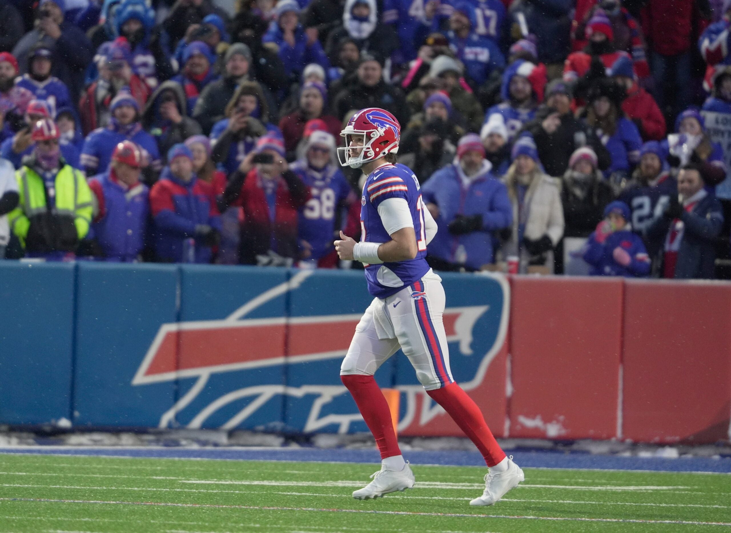 Buffalo Bills quarterback Josh Allen leaves the field after the first play against the Jets at home in Highmark Stadium in Orchard Park on Jan. 4, 2026.