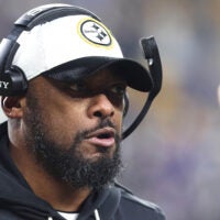 Jan 4, 2026; Pittsburgh, Pennsylvania, USA; Pittsburgh Steelers head coach Mike Tomlin reacts against the Baltimore Ravens during the second half at Acrisure Stadium.