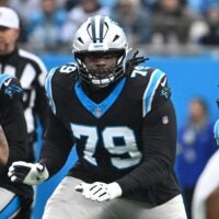 Dec 28, 2025; Charlotte, North Carolina, USA; Carolina Panthers offensive tackle Ikem Ekwonu (79) at the line of scrimmage in the first quarter at Bank of America Stadium.
