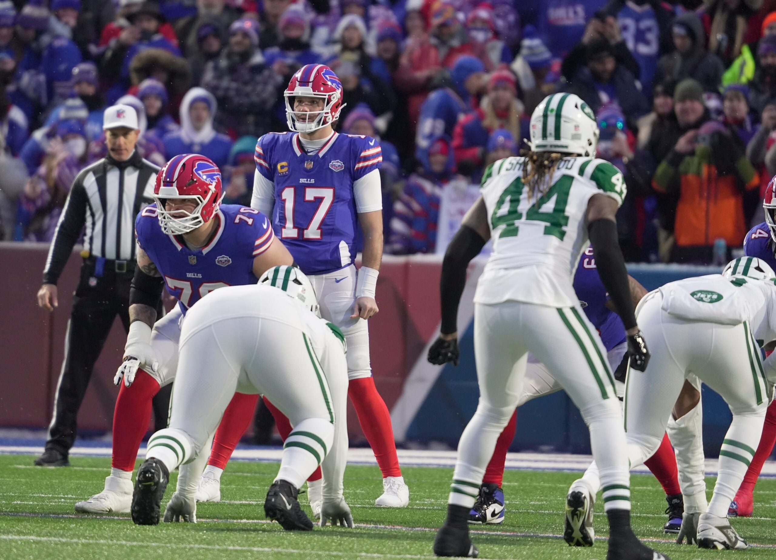 Buffalo Bills quarterback Josh Allen gets ready to take the first snap of the game against the Jets at home in Highmark Stadium in Orchard Park on Jan. 4, 2026. After this play he left the field and Mitchell Trubisky took over.