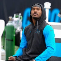 Jan 10, 2026; Charlotte, NC, USA; Carolina Panthers running back Rico Dowdle (5) during pregame warm ups before the NFC Wild Card Round game between the Carolina Panthers and the Los Angeles Rams at Bank of America Stadium.