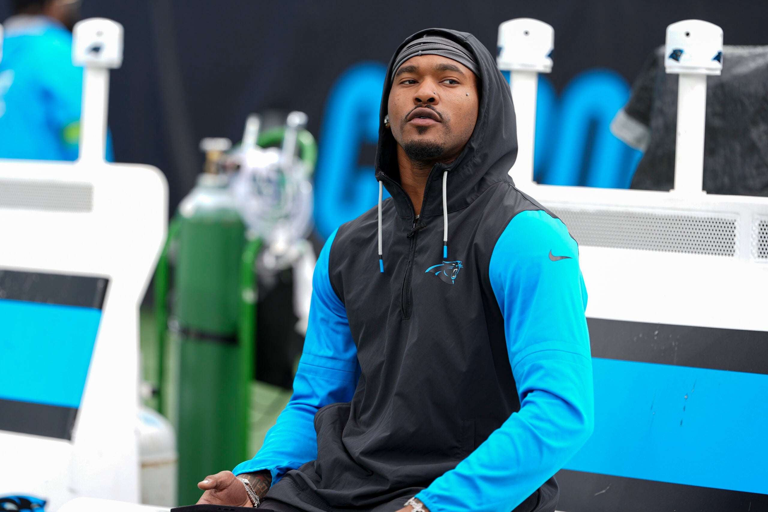 Jan 10, 2026; Charlotte, NC, USA; Carolina Panthers running back Rico Dowdle (5) during pregame warm ups before the NFC Wild Card Round game between the Carolina Panthers and the Los Angeles Rams at Bank of America Stadium.