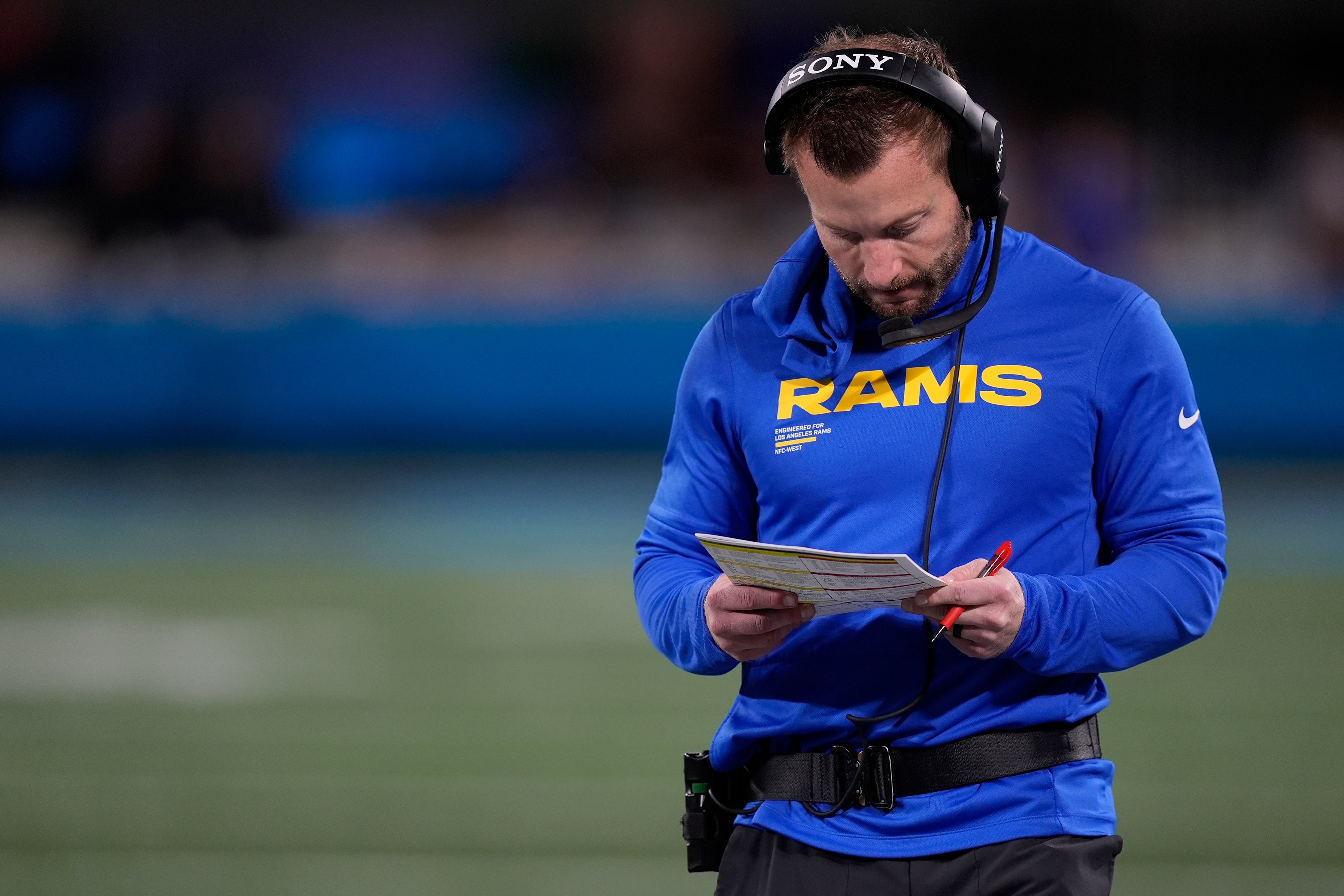 Jan 10, 2026; Charlotte, NC, USA; Los Angeles Rams head coach Sean McVay in the first half during the NFC Wild Card Round game at Bank of America Stadium.