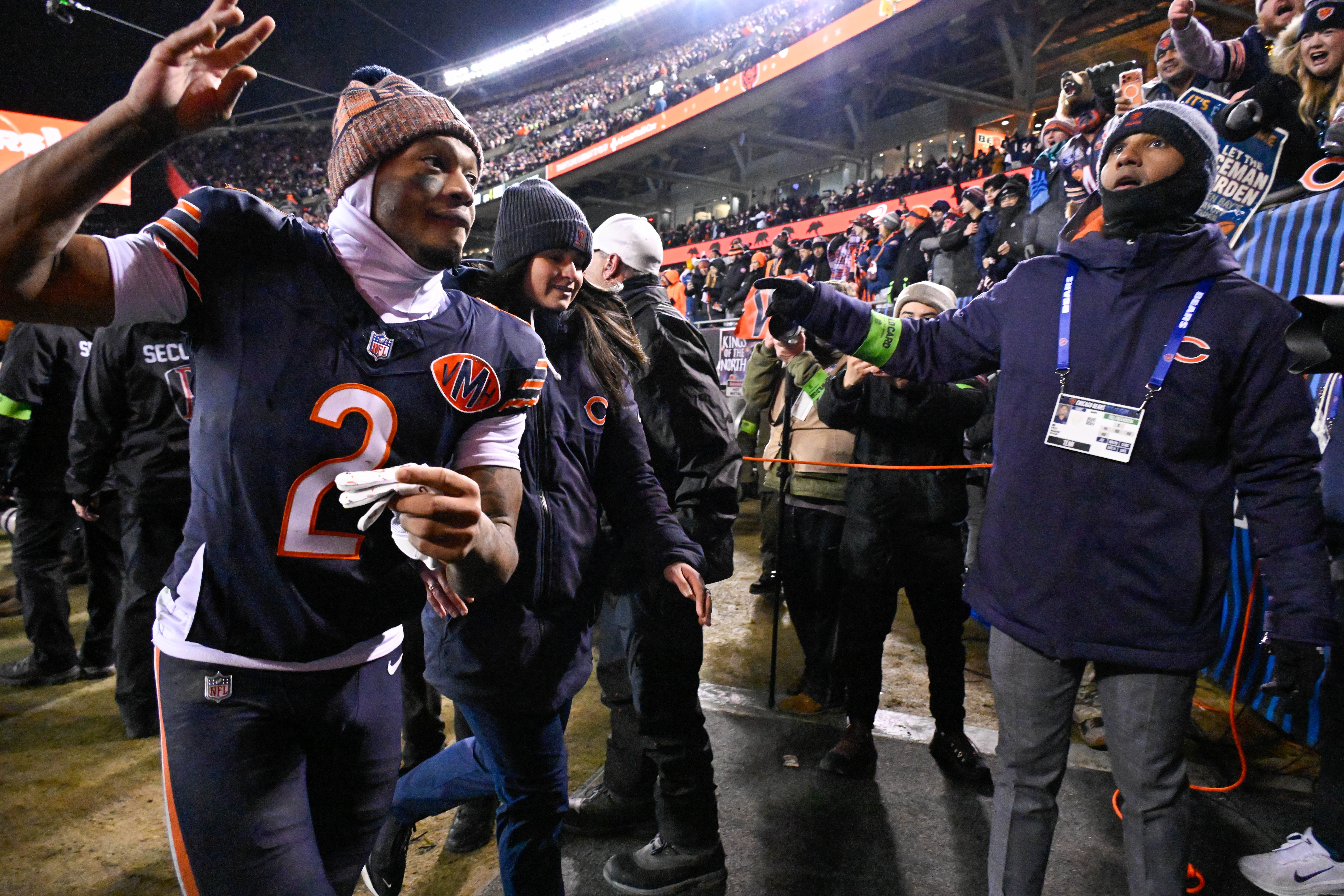 Jan 10, 2026; Chicago, IL, USA; Chicago Bears wide receiver DJ Moore (2) leaves the field following a game against the Green Bay Packers in an NFC Wild Card Round game at Soldier Field.