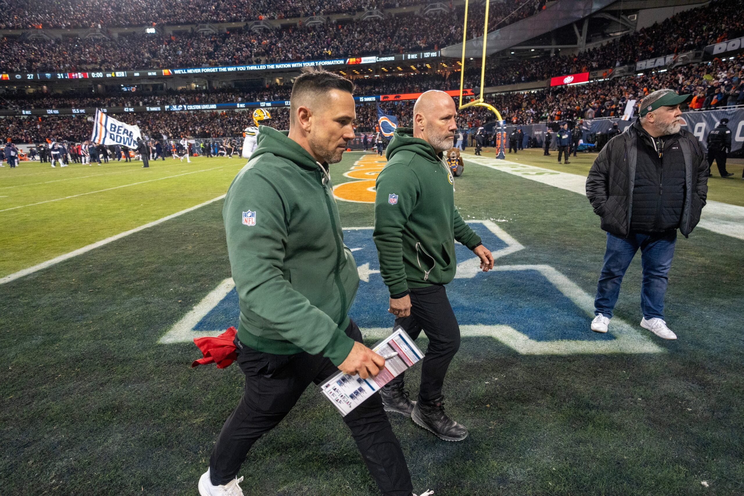 Green Bay Packers head coach Matt Lafleur walks off the field after their wild card playoff game Saturday, January 10, 2026 at Soldier Field in Chicago, Illinois. The Chicago Bears beat the Green Bay Packers 31-27.