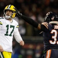 Green Bay Packers place kicker Brandon McManus (17) reacts to missing a field goal late in the fourth quarter as Chicago Bears cornerback Jaylon Jones (33) celebrates during their wild-card playoff football game Saturday, January 10, 2026, at Soldier Field in Chicago, Illinois.