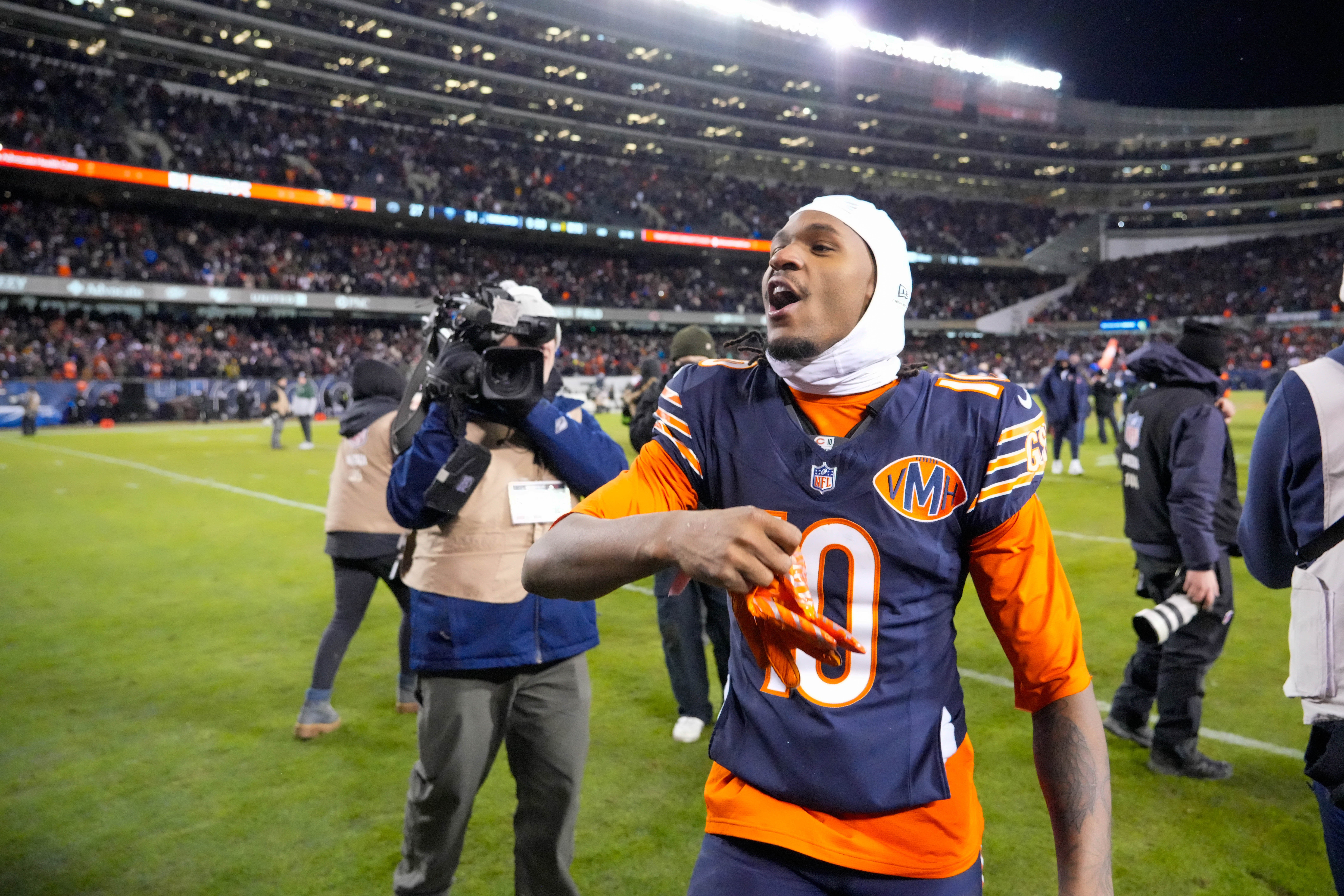 Jan 10, 2026; Chicago, IL, USA; Chicago Bears wide receiver Luther Burden III (10) leaves the field following a game against the Green Bay Packers in an NFC Wild Card Round game at Soldier Field.