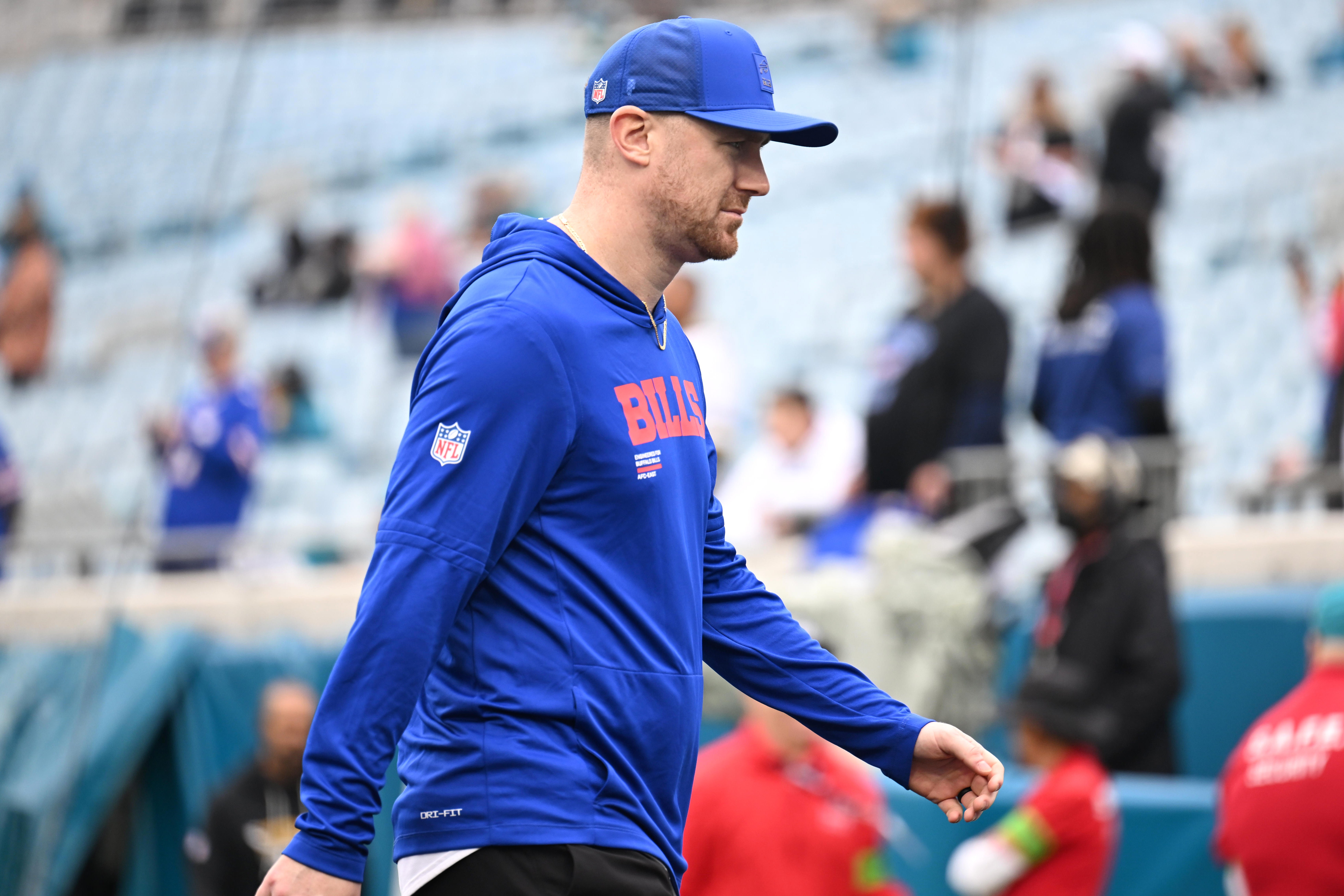 Jan 11, 2026; Jacksonville, FL, USA; Buffalo Bills offensive coordinator Joe Brady before an AFC Wild Card Round game against the Jacksonville Jaguars at EverBank Stadium.