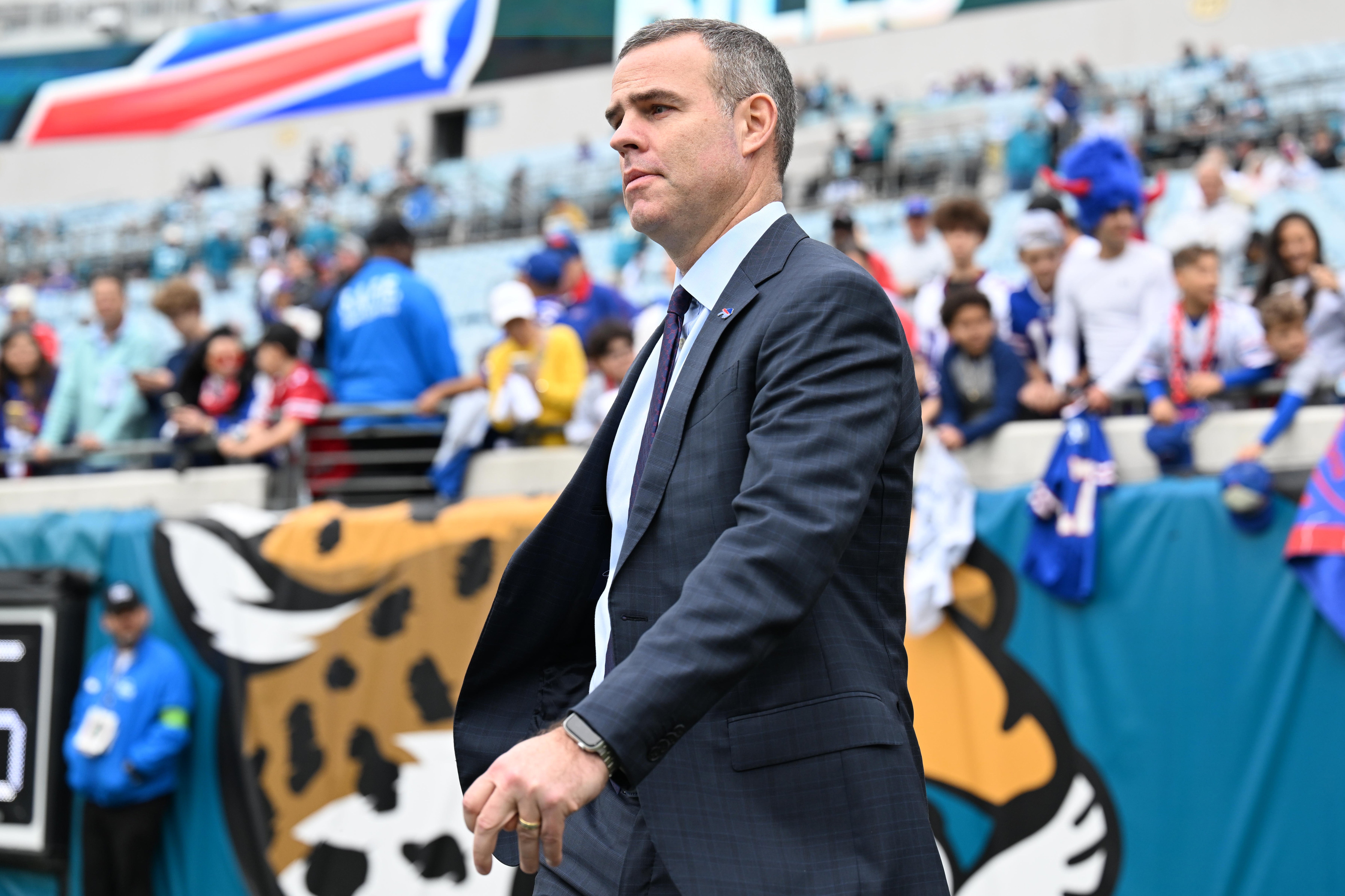Jan 11, 2026; Jacksonville, FL, USA; Buffalo Bills general manager Brandon Beane before an an AFC Wild Card Round game against the Jacksonville Jaguars at EverBank Stadium.