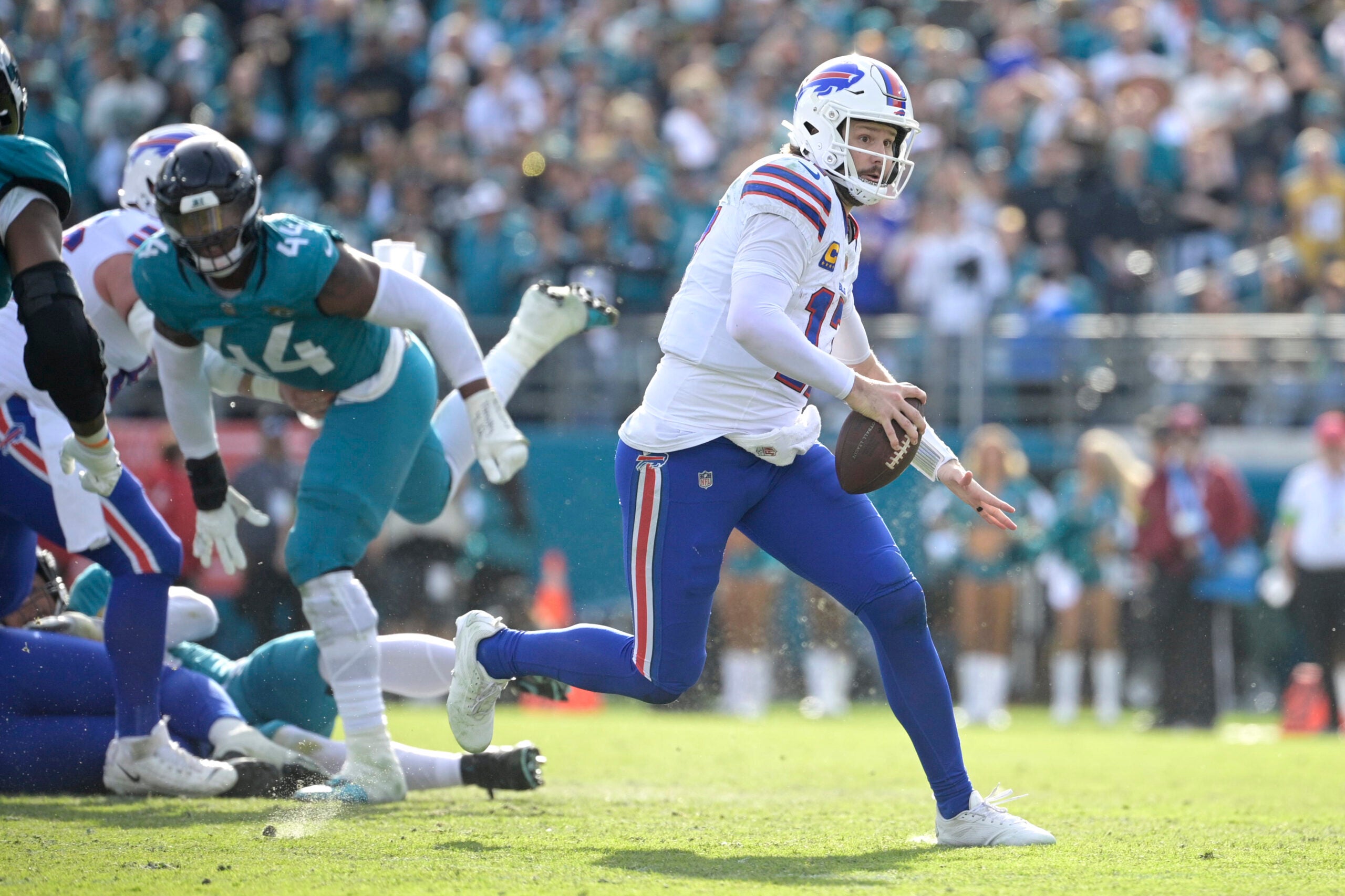 Jan 11, 2026; Jacksonville, FL, USA; Buffalo Bills quarterback Josh Allen (17) looks to pass the ball during the second half against the Jacksonville Jaguars in an AFC Wild Card Round game at EverBank Stadium.