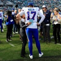 Buffalo Bills quarterback Josh Allen (17) is interviewed after the game of an NFL football AFC Wild Card playoff matchup, Sunday, Jan. 11, 2026, in Jacksonville, Fla. The Bills defeated the Jaguars 27-24. [Corey Perrine/Florida Times-Union]