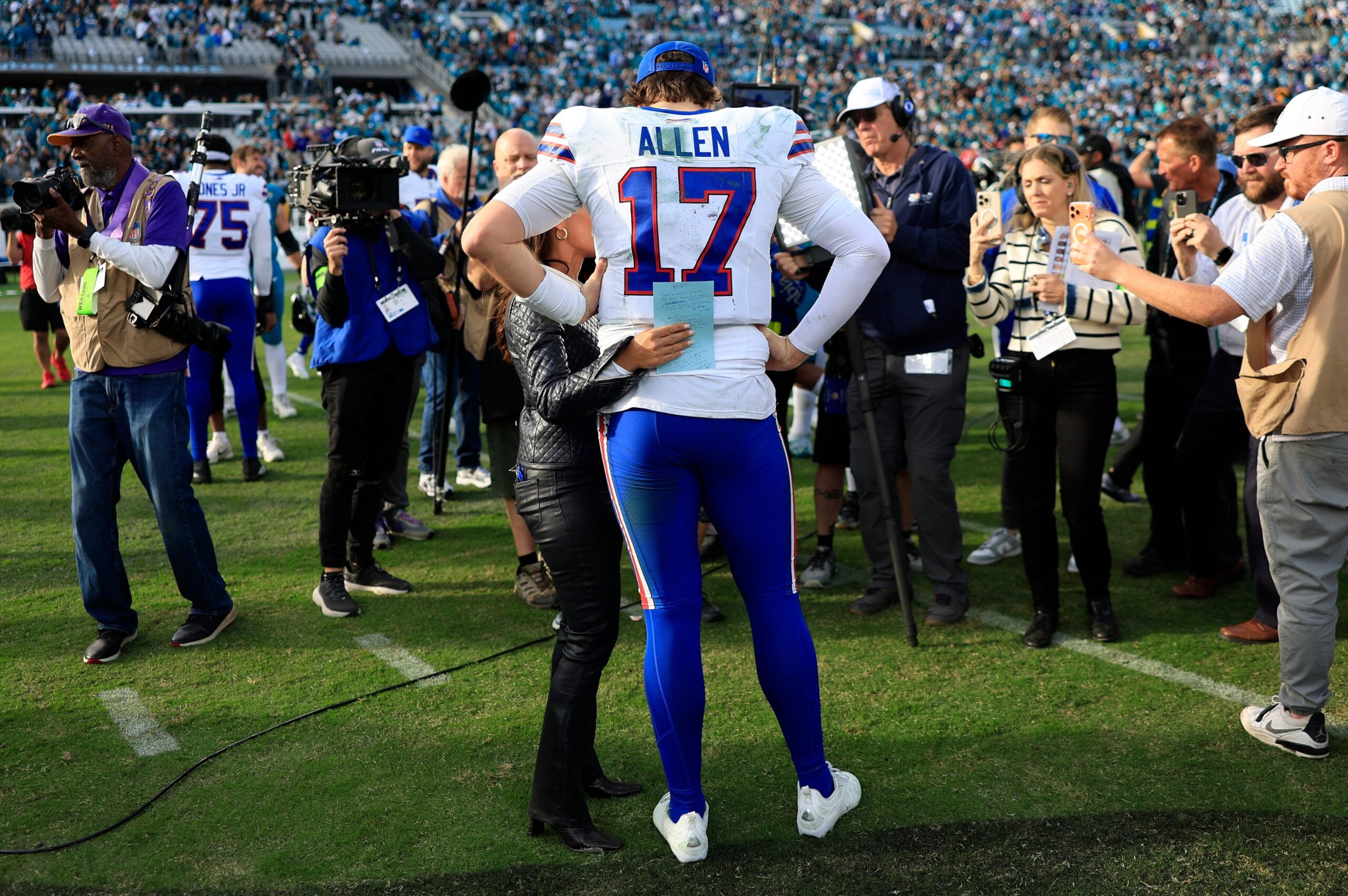 Buffalo Bills quarterback Josh Allen (17) is interviewed after the game of an NFL football AFC Wild Card playoff matchup, Sunday, Jan. 11, 2026, in Jacksonville, Fla. The Bills defeated the Jaguars 27-24. [Corey Perrine/Florida Times-Union]