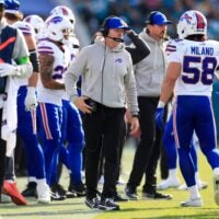 Buffalo Bills head coach Sean McDermott looks on during the third quarter of an NFL football AFC Wild Card playoff matchup, Sunday, Jan. 11, 2026, in Jacksonville, Fla. The Bills defeated the Jaguars 27-24.