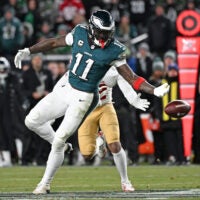 Jan 11, 2026; Philadelphia, PA, USA; Philadelphia Eagles wide receiver A.J. Brown (11) can't make catch during the fourth quarter against the San Francisco 49ers in an NFC Wild Card Round game at Lincoln Financial Field.