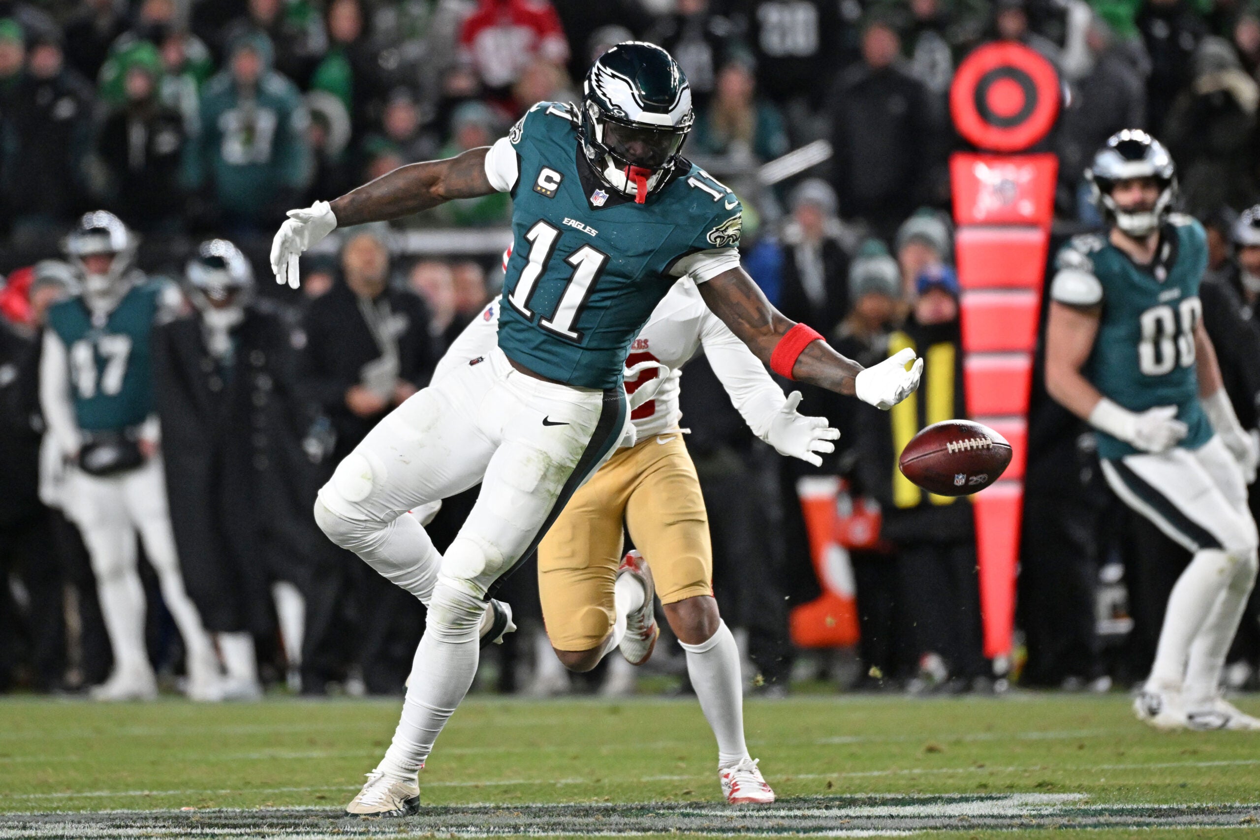 Jan 11, 2026; Philadelphia, PA, USA; Philadelphia Eagles wide receiver A.J. Brown (11) can't make catch during the fourth quarter against the San Francisco 49ers in an NFC Wild Card Round game at Lincoln Financial Field.