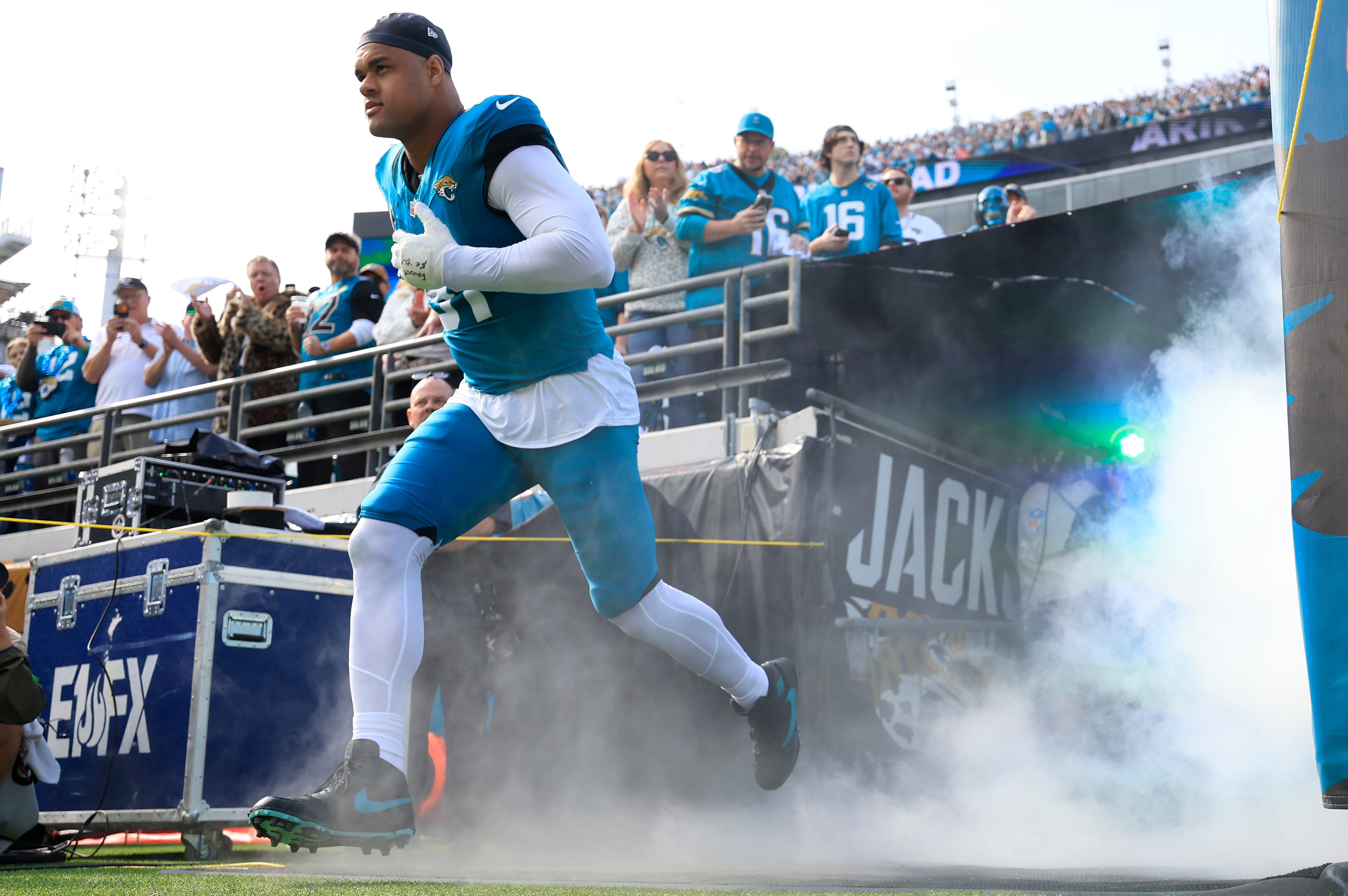 Jacksonville Jaguars defensive tackle Arik Armstead (91) is introduced before an NFL football AFC Wild Card playoff matchup, Sunday, Jan. 11, 2026, in Jacksonville, Fla. The Bills defeated the Jaguars 27-24.