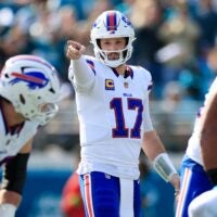 Buffalo Bills quarterback Josh Allen (17) calls a play during the first quarter of an NFL football AFC Wild Card playoff matchup, Sunday, Jan. 11, 2026, in Jacksonville, Fla. The Bills defeated the Jaguars 27-24.