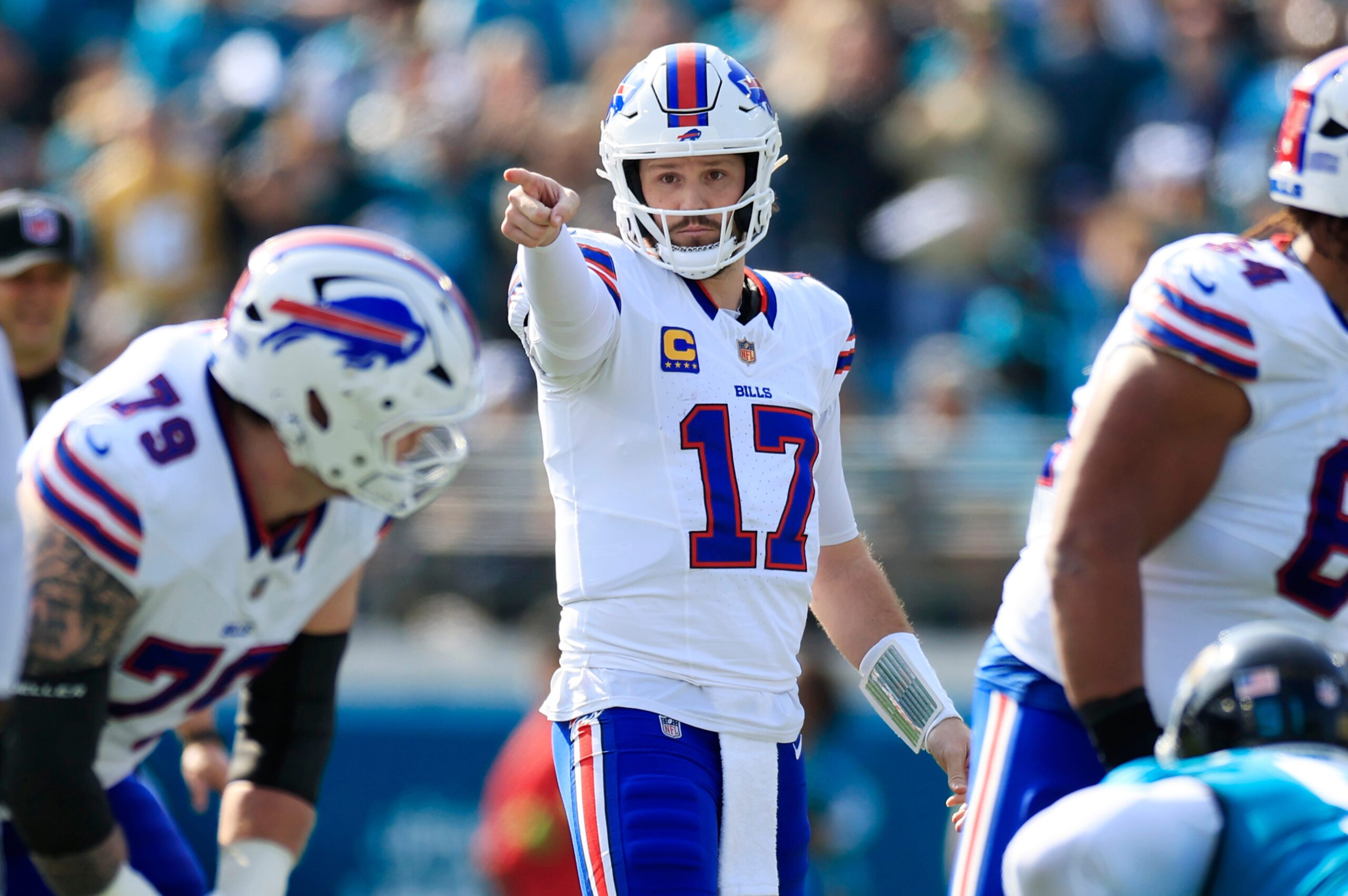 Buffalo Bills quarterback Josh Allen (17) calls a play during the first quarter of an NFL football AFC Wild Card playoff matchup, Sunday, Jan. 11, 2026, in Jacksonville, Fla. The Bills defeated the Jaguars 27-24.