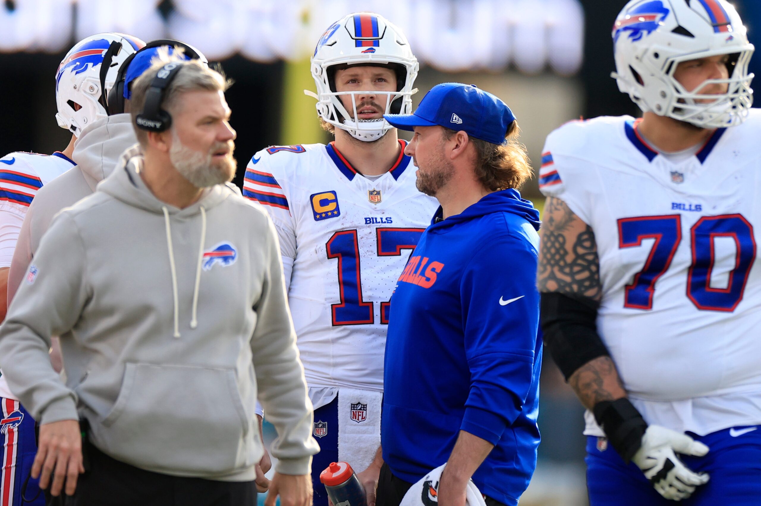 Buffalo Bills quarterback Josh Allen (17) looks on during the fourth quarter of an NFL football AFC Wild Card playoff matchup, Sunday, Jan. 11, 2026, in Jacksonville, Fla. The Bills defeated the Jaguars 27-24.