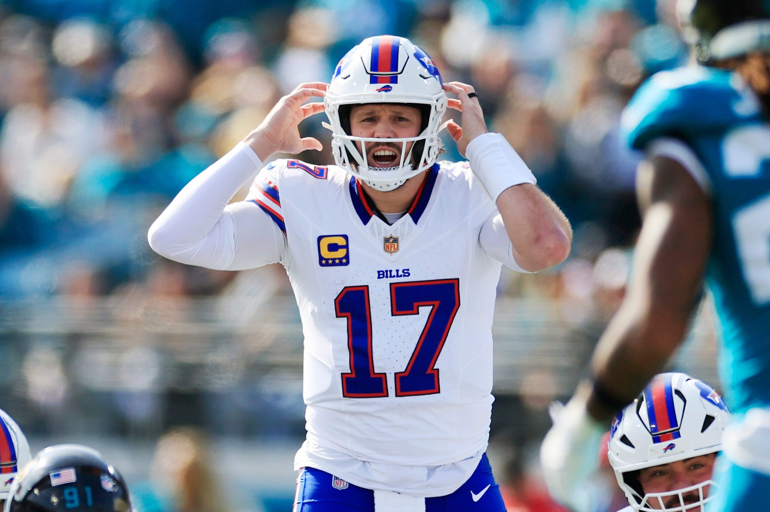 Buffalo Bills quarterback Josh Allen (17) calls a play during the first quarter of an NFL football AFC Wild Card playoff matchup, Sunday, Jan. 11, 2026, in Jacksonville, Fla. The Bills defeated the Jaguars 27-24.