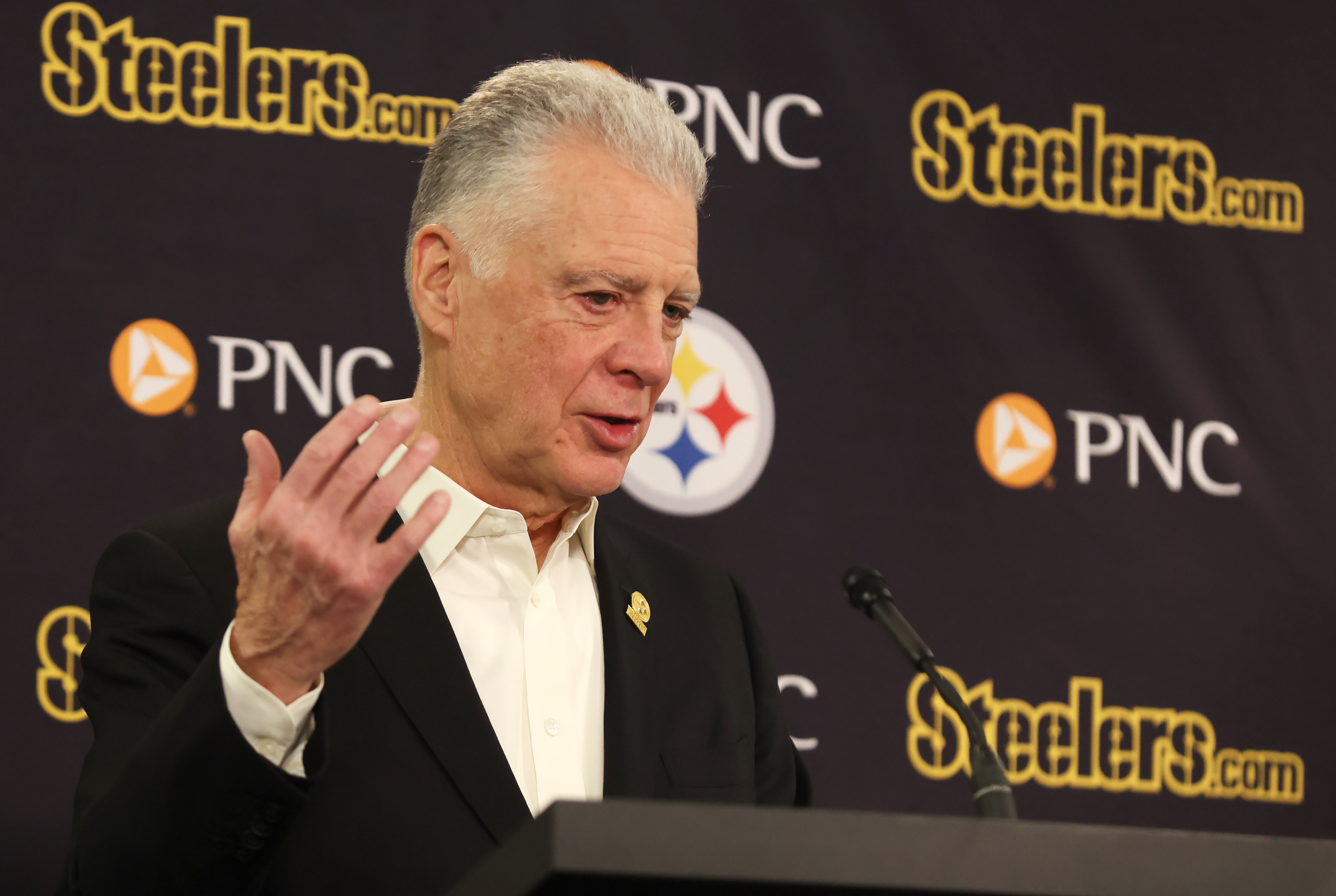 Jan 14, 2026; Pittsburgh, PA, USA; Pittsburgh Steelers president Art Rooney II speaks at a press conference at Acrisure Stadium.