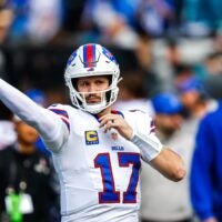 Buffalo Bills quarterback Josh Allen (17) warms up before the first quarter in an NFL football AFC Wild Card playoff matchup, Sunday, Jan. 11, 2026, in Jacksonville, Fla. Bills lead 10-7 at the half over the Jaguars.