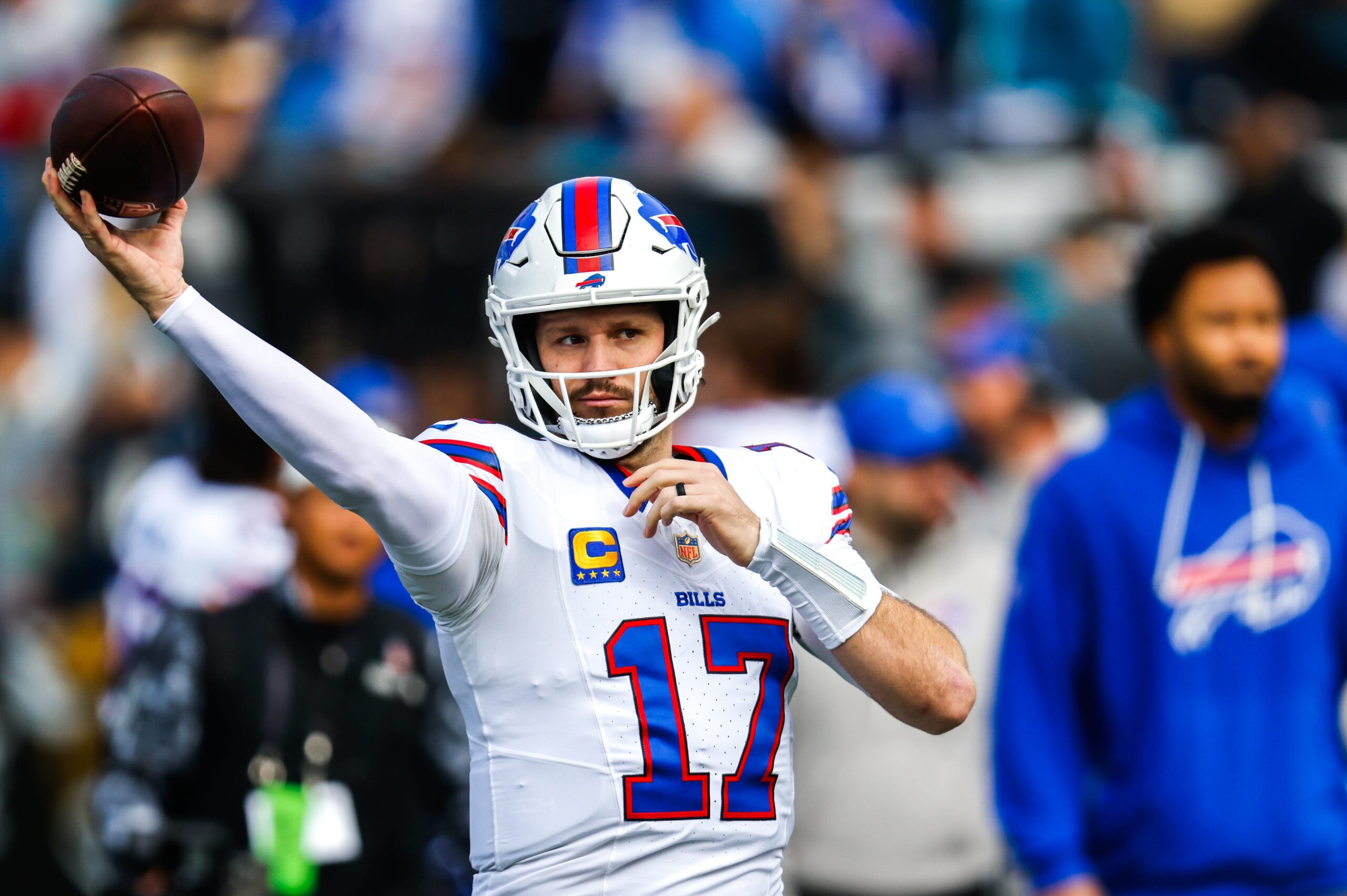Buffalo Bills quarterback Josh Allen (17) warms up before the first quarter in an NFL football AFC Wild Card playoff matchup, Sunday, Jan. 11, 2026, in Jacksonville, Fla. Bills lead 10-7 at the half over the Jaguars.