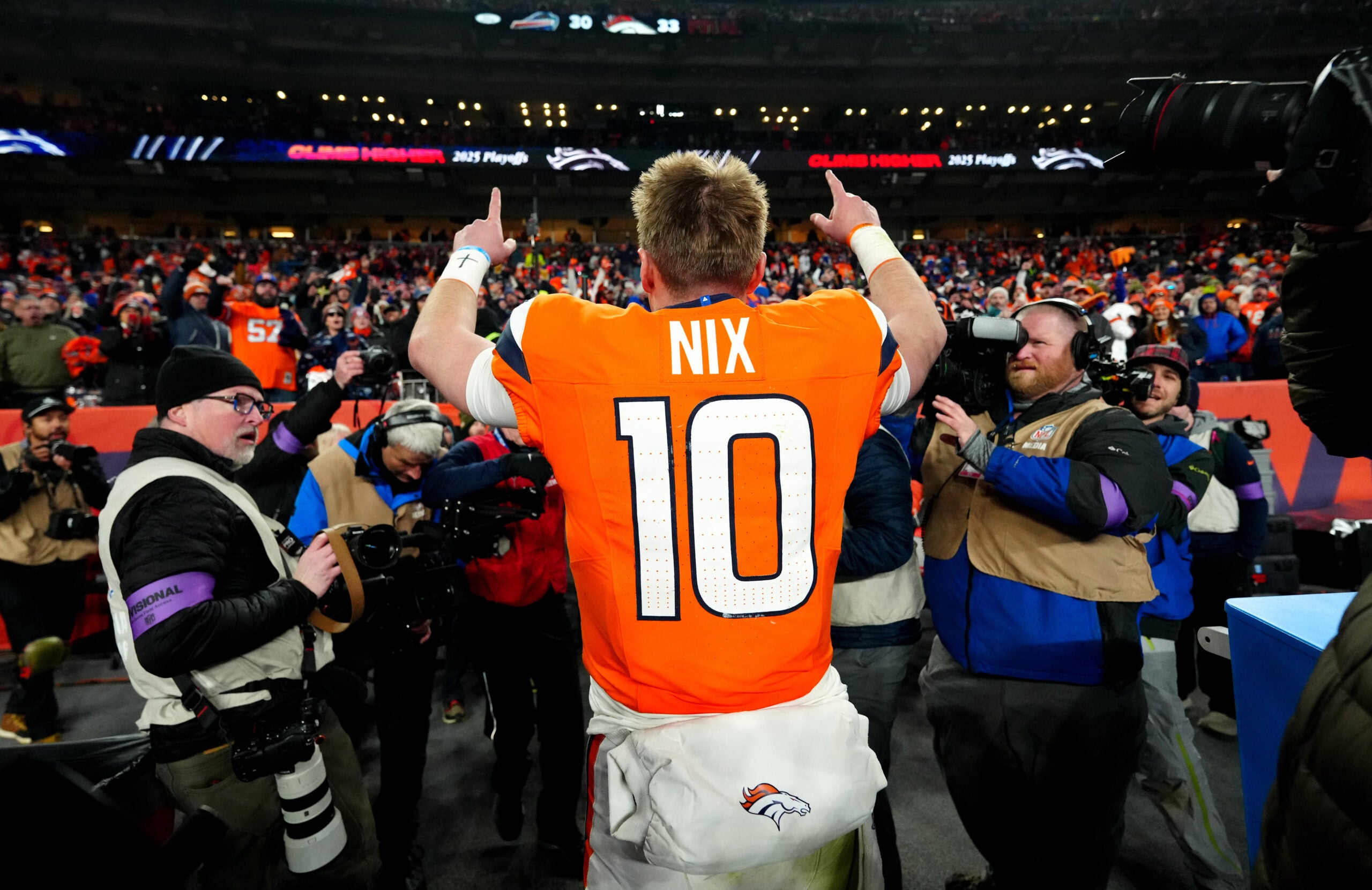 Jan 17, 2026; Denver, CO, USA; Denver Broncos quarterback Bo Nix (10) celebrates after winning an AFC Divisional Round playoff game against the Buffalo Bills at Empower Field at Mile High.