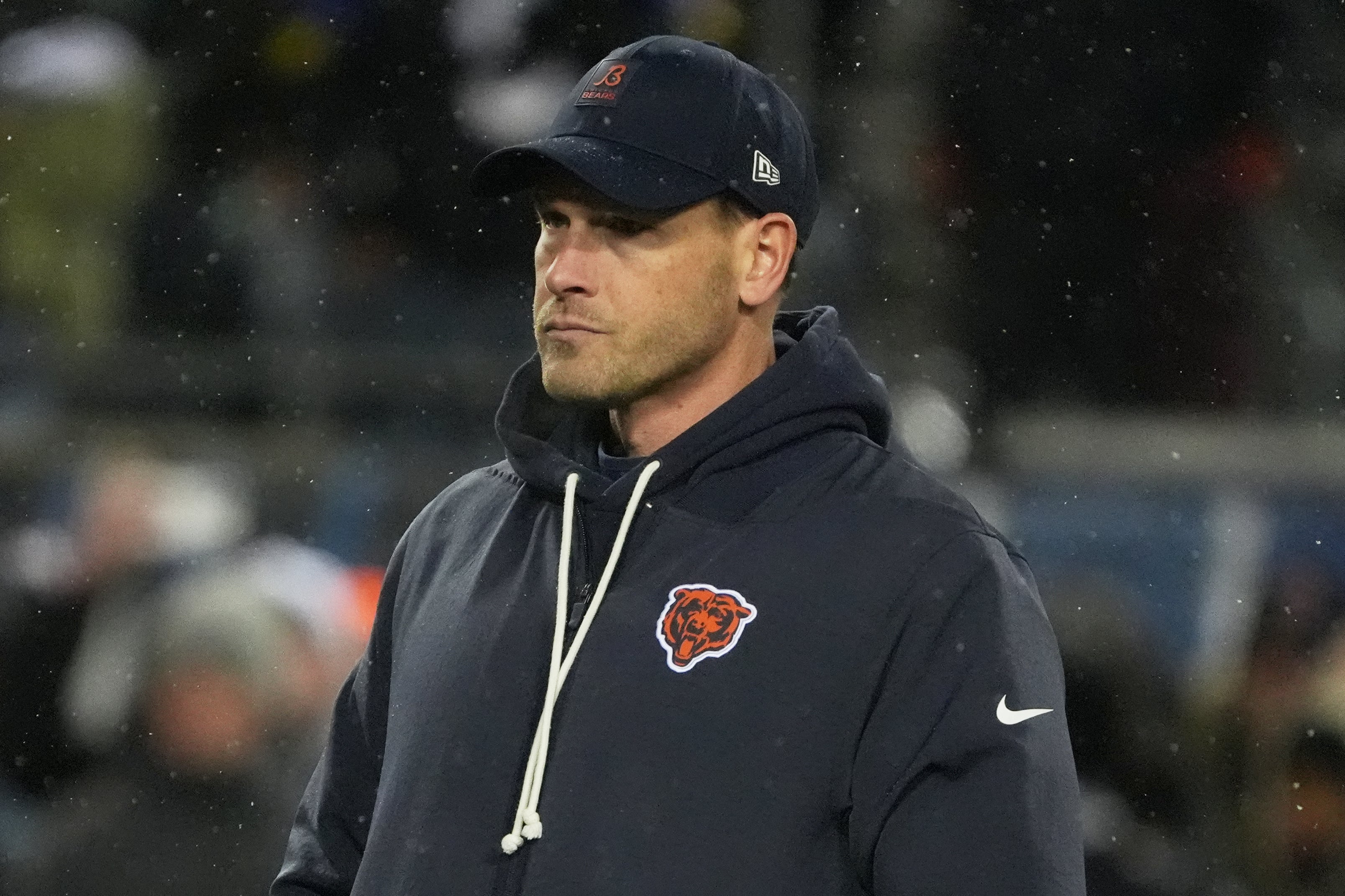 Jan 18, 2026; Chicago, IL, USA; Chicago Bears head coach Ben Johnson looks on during warmups before an NFC Divisional Round game against the Los Angeles Rams at Soldier Field.