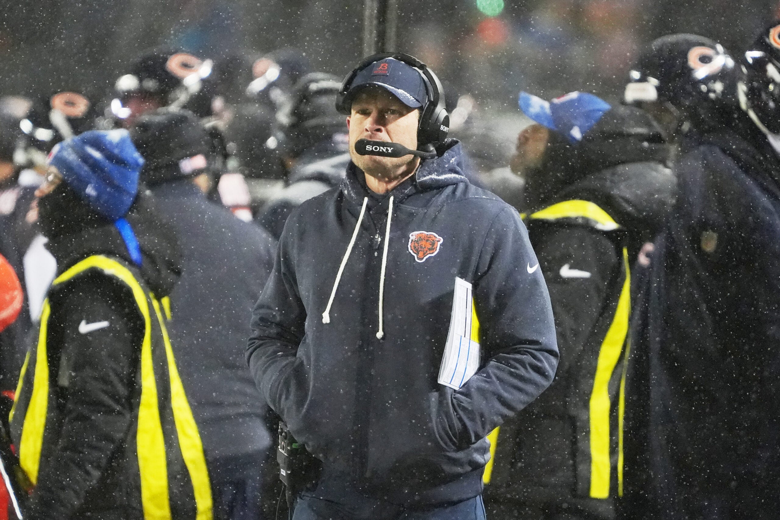 Jan 18, 2026; Chicago, IL, USA; Chicago Bears head coach Ben Johnson watches game play against the Los Angeles Rams during the second quarter of an NFC Divisional Round game at Soldier Field.