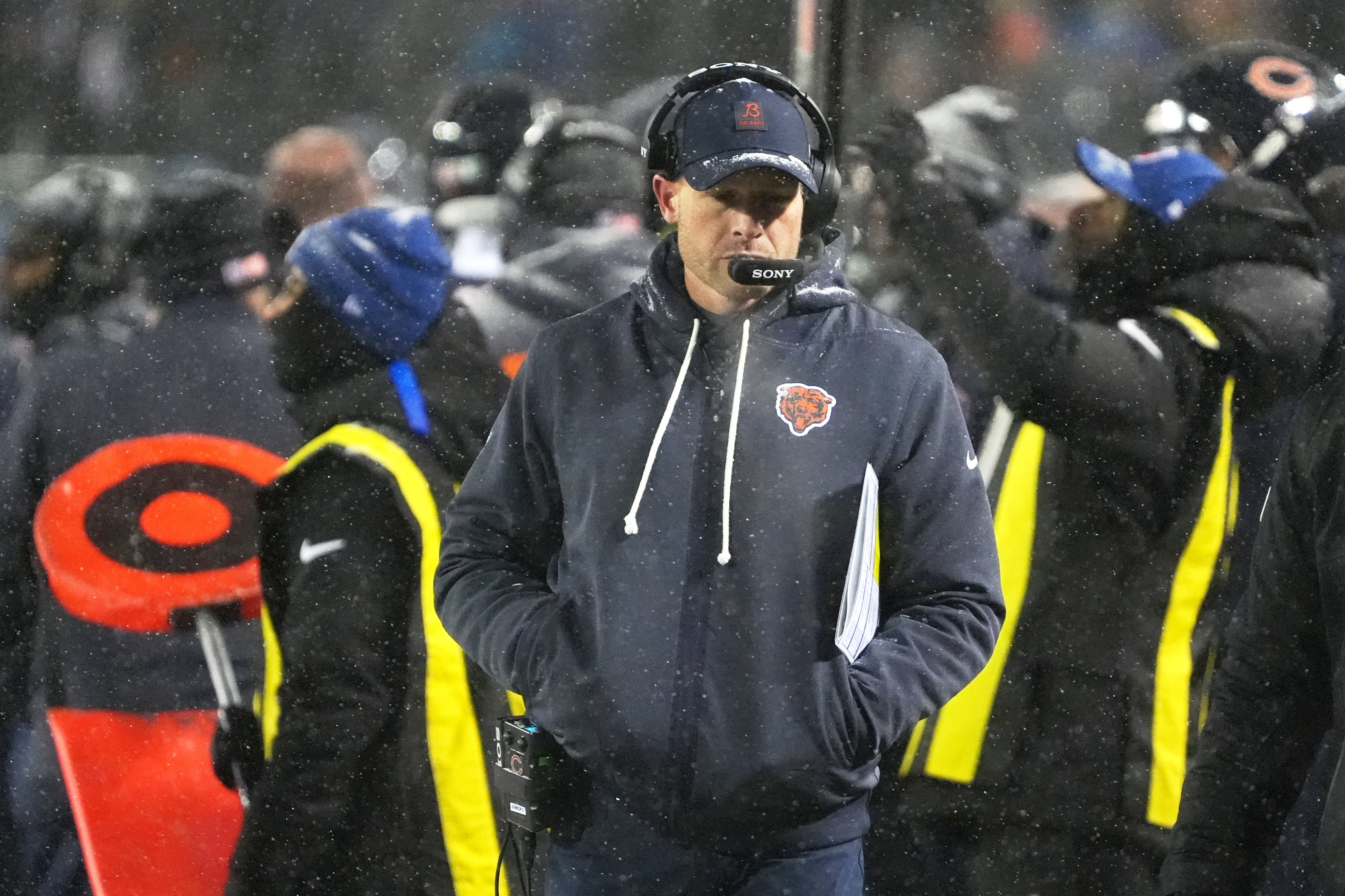 Jan 18, 2026; Chicago, IL, USA; Chicago Bears head coach Ben Johnson looks on against the Los Angeles Rams during the second quarter of an NFC Divisional Round game at Soldier Field.