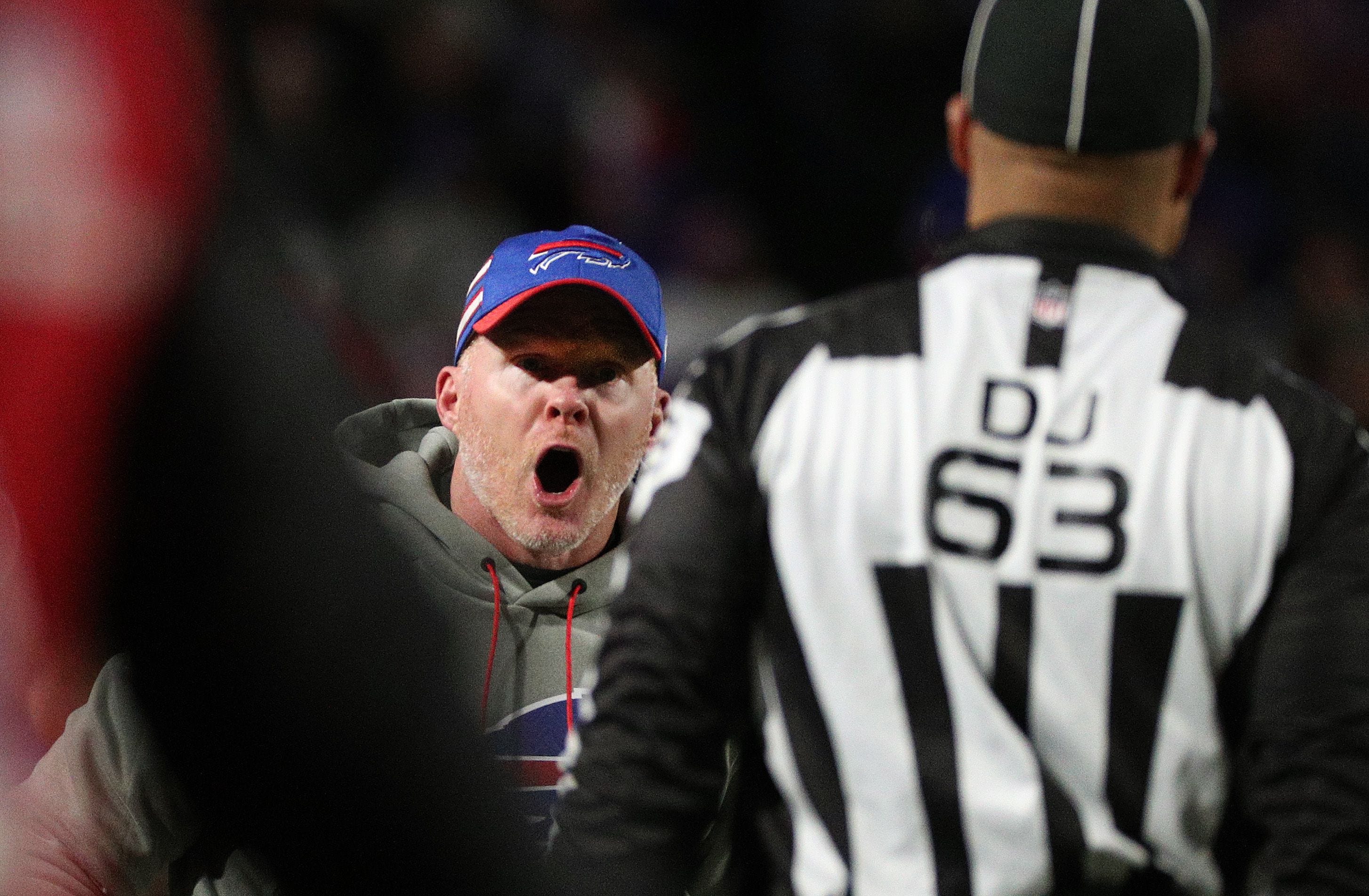 Bills head coach Sean McDermott pleads his case with official Mike Carr in a 25-6 loss to the Patriots in 2018.
