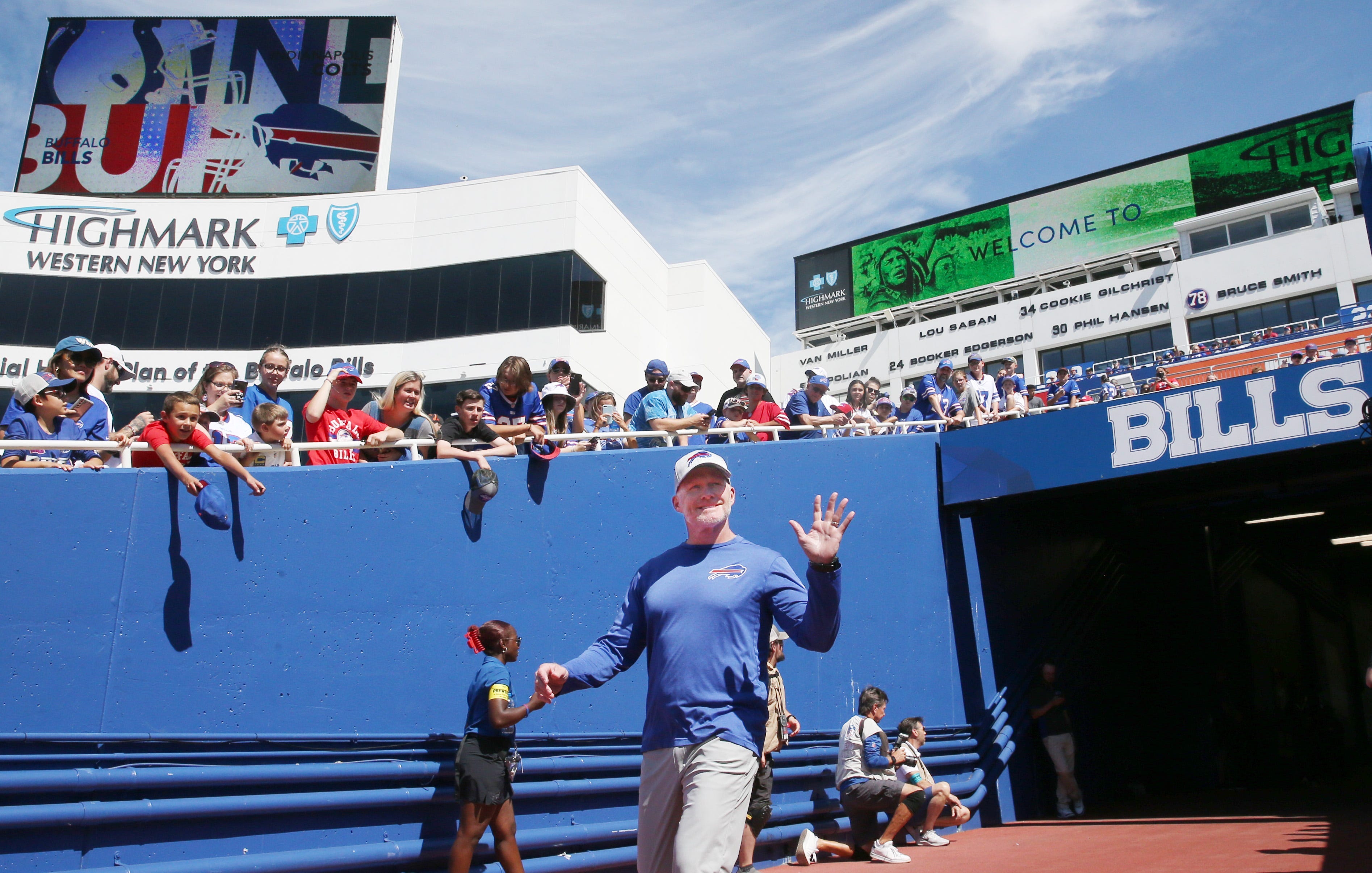 Buffalo head coach Sean McDermott waves to fans as he takes the field during the Bills 27-24 win over Indianapolis in their preseason game Saturday, Aug. 13, 2022 at Highmark Stadium in Orchard Park.