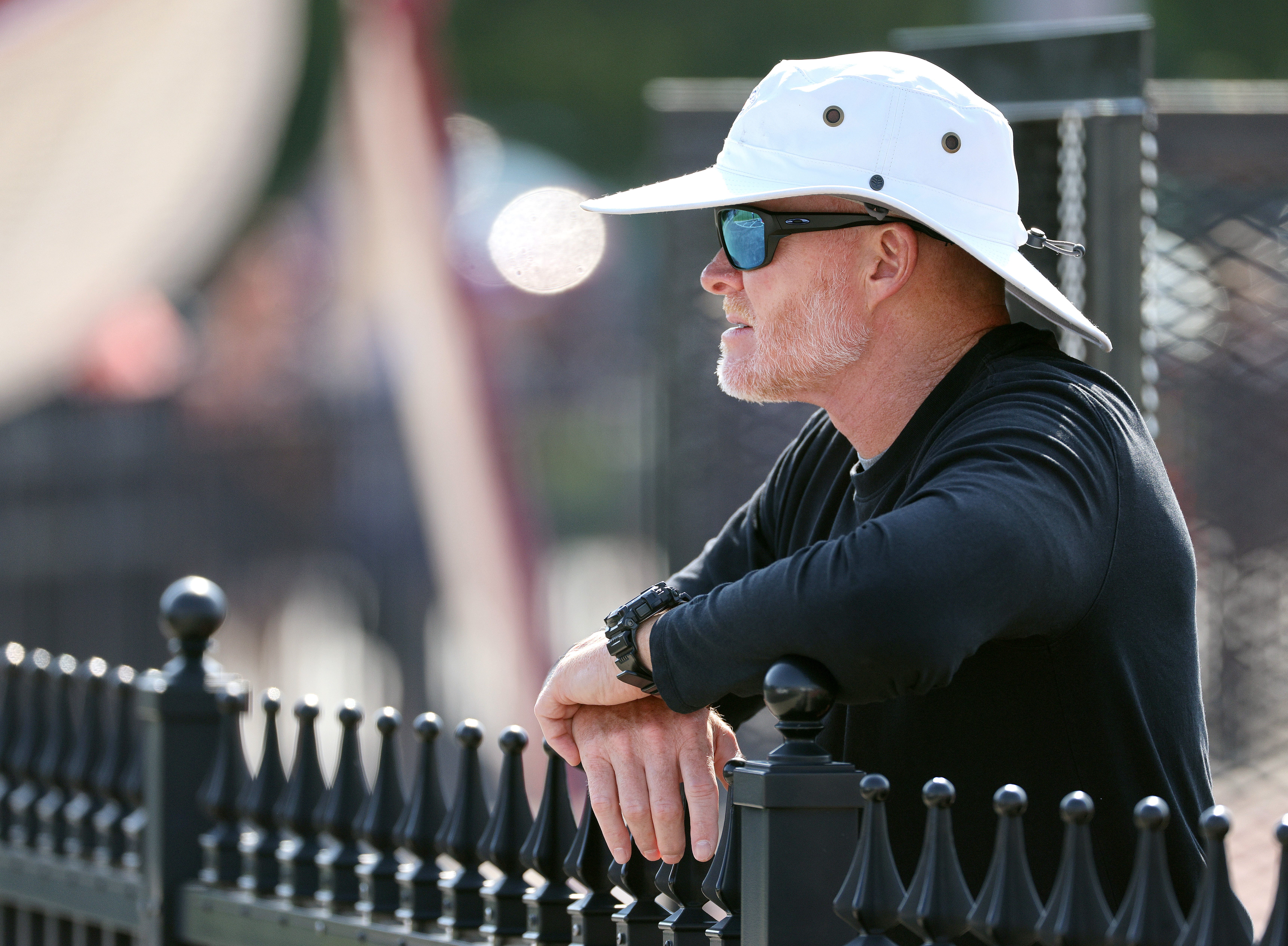 Bills head coach Sean McDermott watches the defensive linemen get in some extra work before the start of practice in 2023.