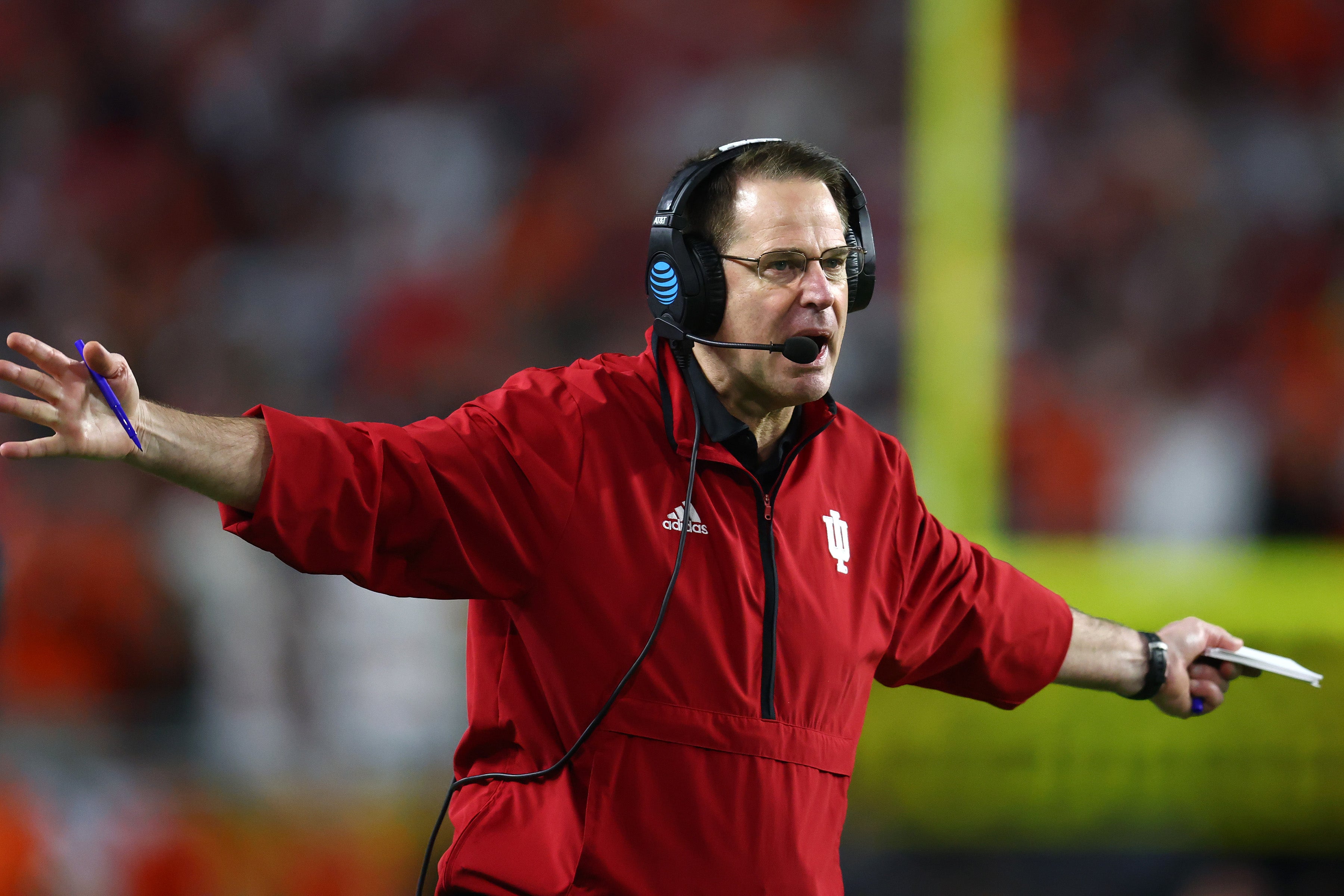 Jan 19, 2026; Miami Gardens, FL, USA; Indiana Hoosiers head coach Curt Cignetti reacts against the Miami Hurricanes in the first half during the College Football Playoff National Championship game at Hard Rock Stadium.