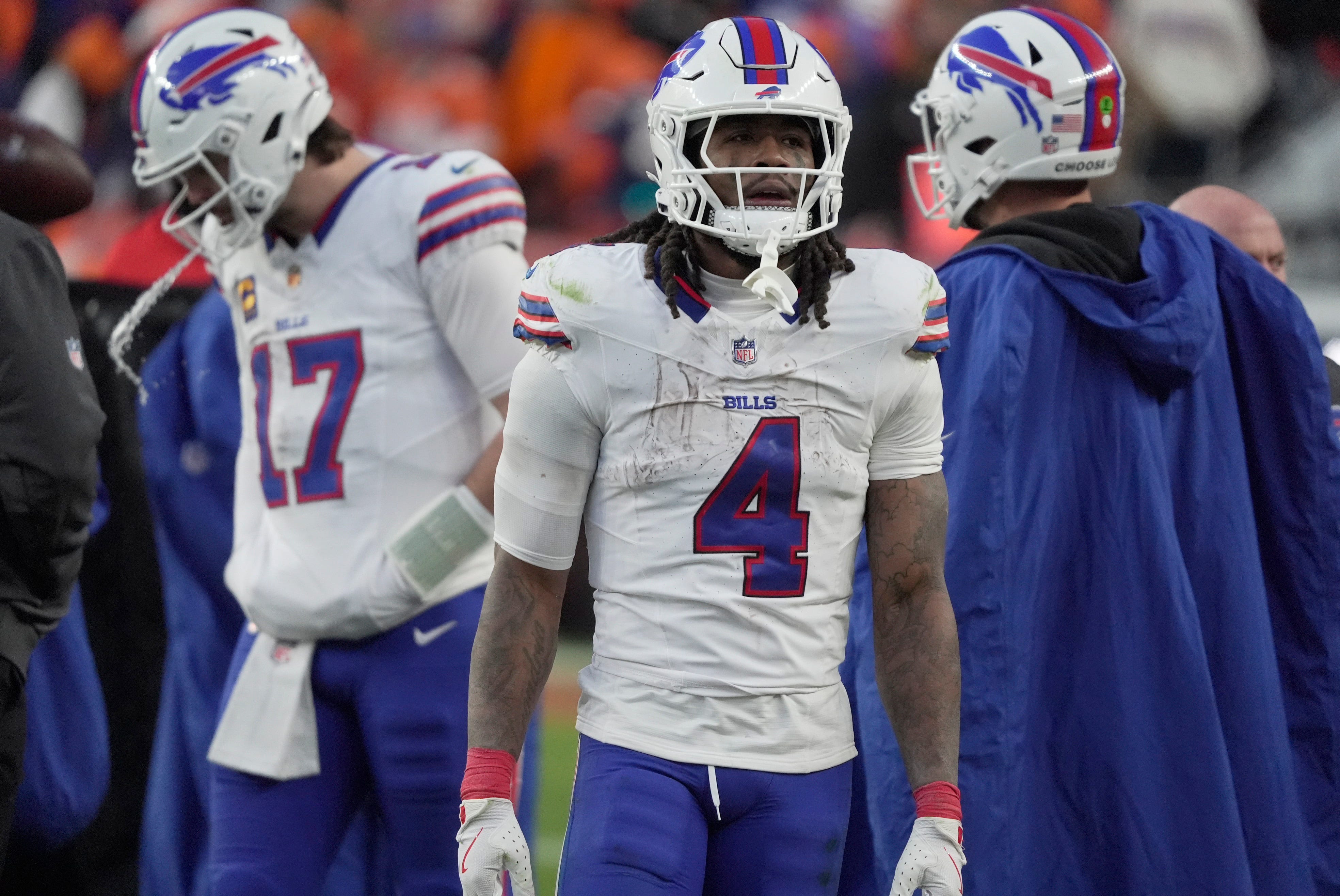 Buffalo Bills running back James Cook III looks to the sidelines as the teams change positions at the end of the third quarter at Empower Field at Mile High in Denver, Colorado on Jan. 17, 2026.