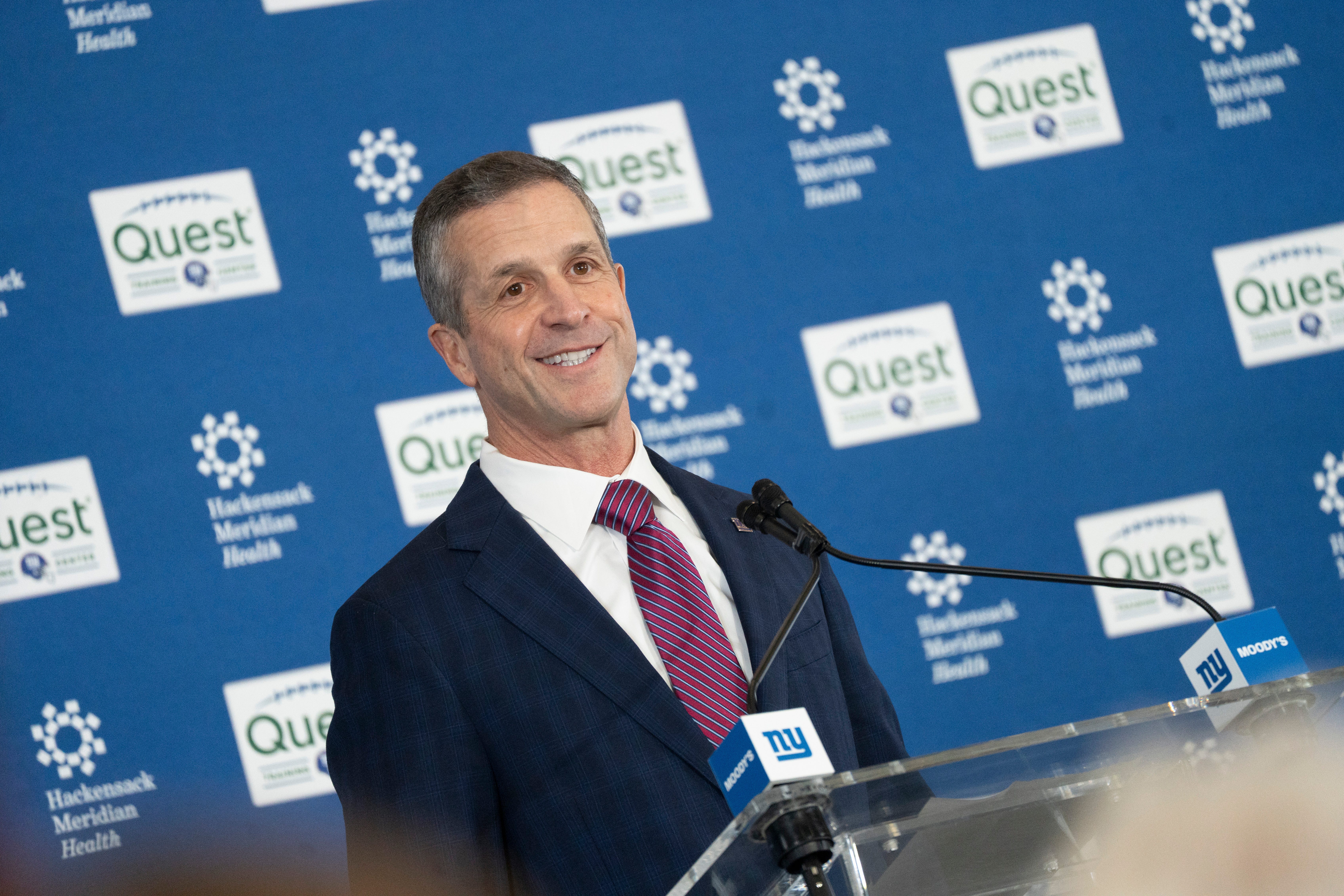 New Giants Head Coach John Harbaugh speaks during a press conference welcoming Harbaugh at the Quest Diagnostics Training Center in East Rutherford on Tuesday, Jan. 20, 2025.