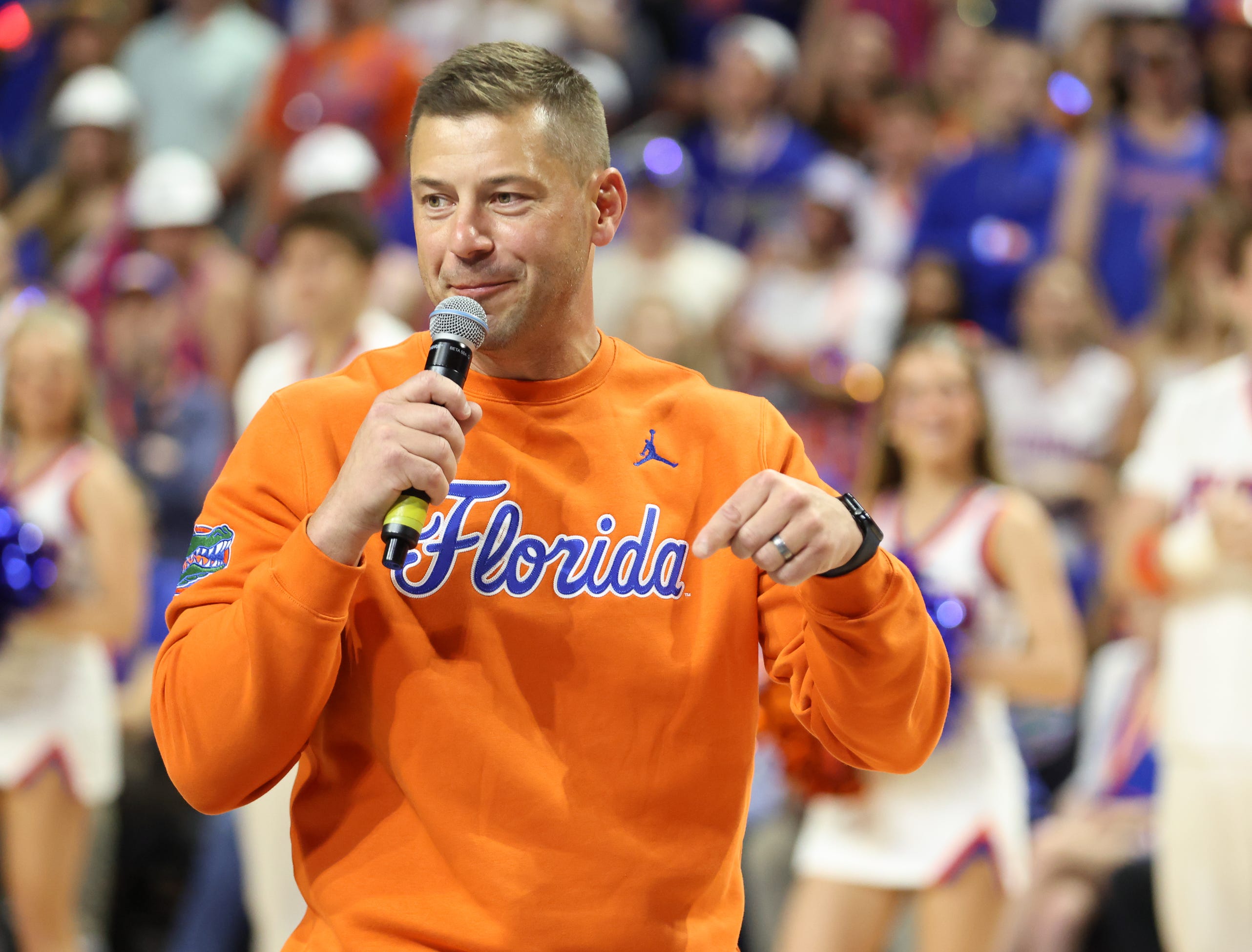 New Gator head football coach Jon Sumrall fires up the crowd during the first half an NCAA basketball game at Steven C. O'Connell Center Exactek arena in Gainesville, FL on Saturday, January 24, 2026. Auburn won 76-67