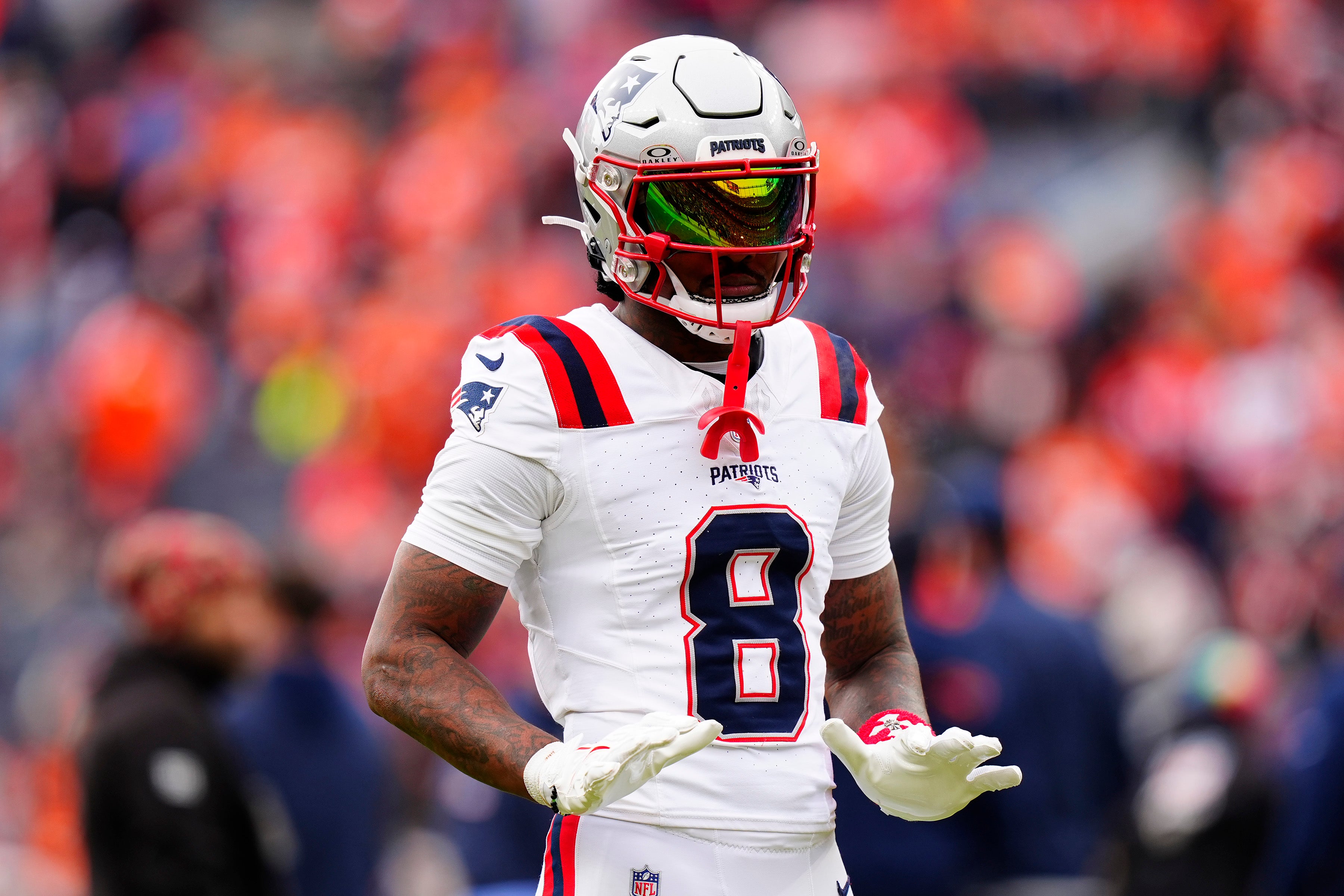 Jan 25, 2026; Denver, CO, USA; New England Patriots wide receiver Stefon Diggs (8) practices before the 2026 AFC Championship Game at Empower Field at Mile High.