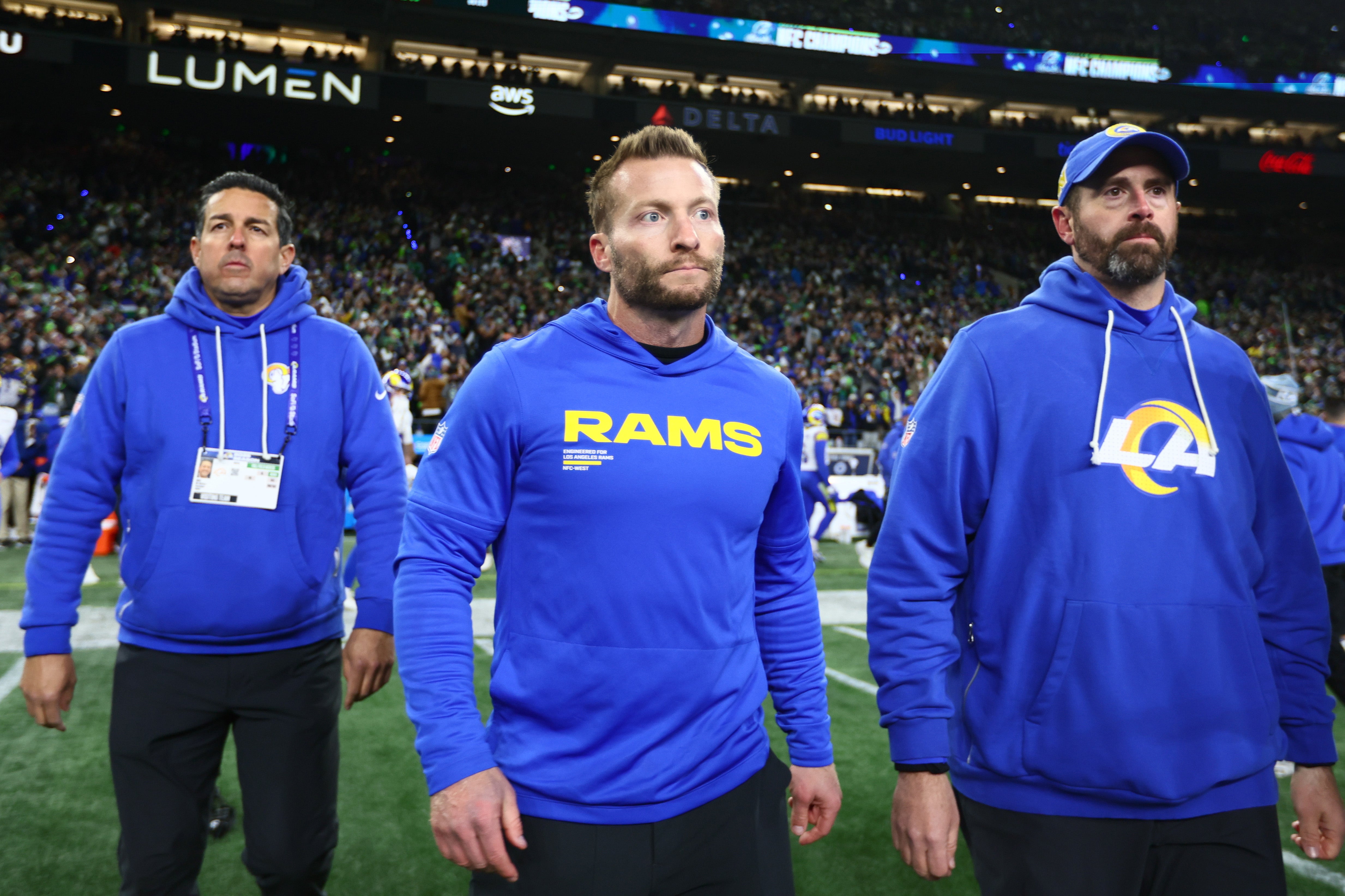 Jan 25, 2026; Seattle, WA, USA; Los Angeles Rams head coach Sean McVay walks on field after the 2026 NFC Championship Game against the Seattle Seahawks at Lumen Field.