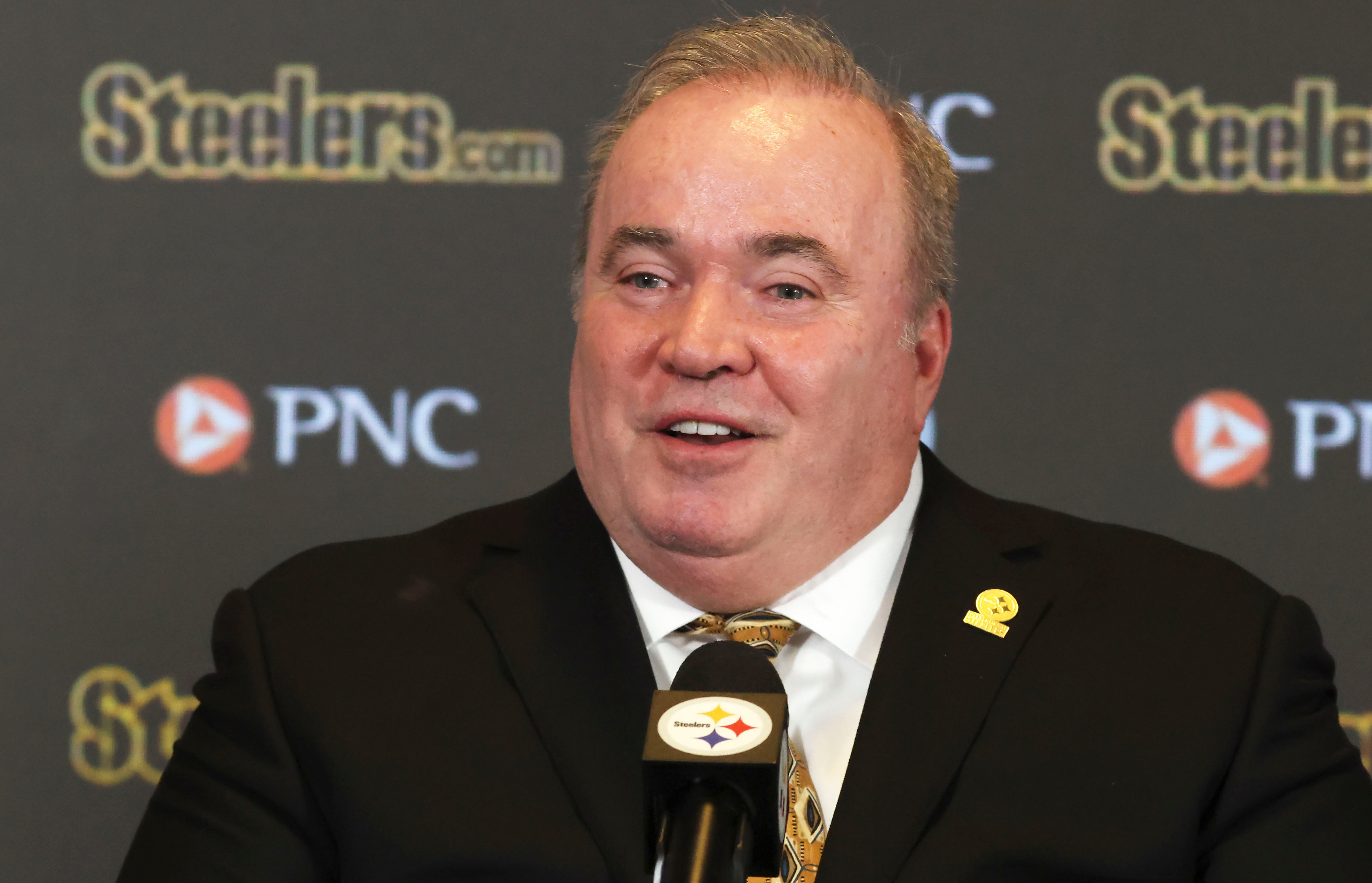 Jan 27, 2026; Pittsburgh, PA, USA; Pittsburgh Steelers head coach Mike McCarthy speaks at a press conference introducing him as the next head coach of the Steelers at PNC Champions Club at Acrisure Stadium.