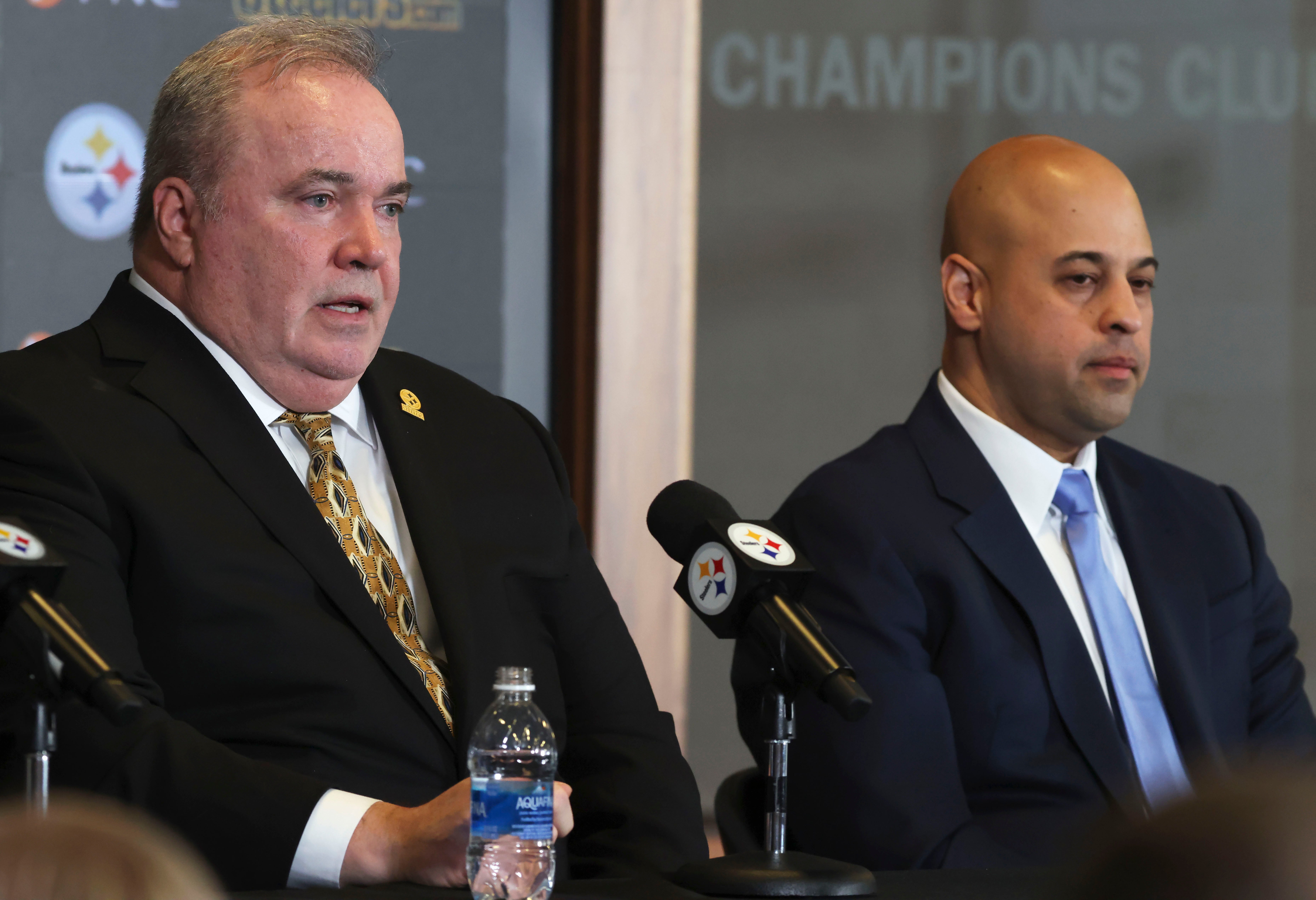 Jan 27, 2026; Pittsburgh, PA, USA; Pittsburgh Steelers head coach Mike McCarthy (left) speaks at a press conference introducing him as the next head coach of the Steelers as general manager Omar Khan (right) listens in at PNC Champions Club at Acrisure Stadium.