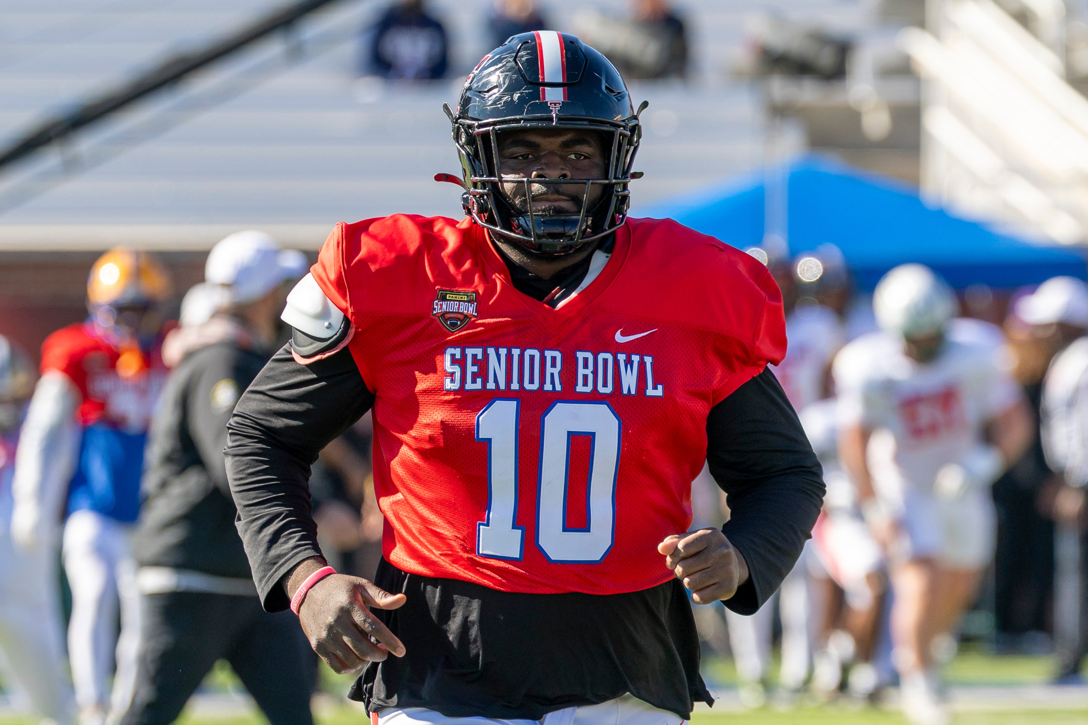 Jan 28, 2026; Mobile, AL, USA; National Team defensive tackle Lee Hunter (10) of Texas Tech practices during National Senior Bowl practice at Hancock Whitney Stadium.